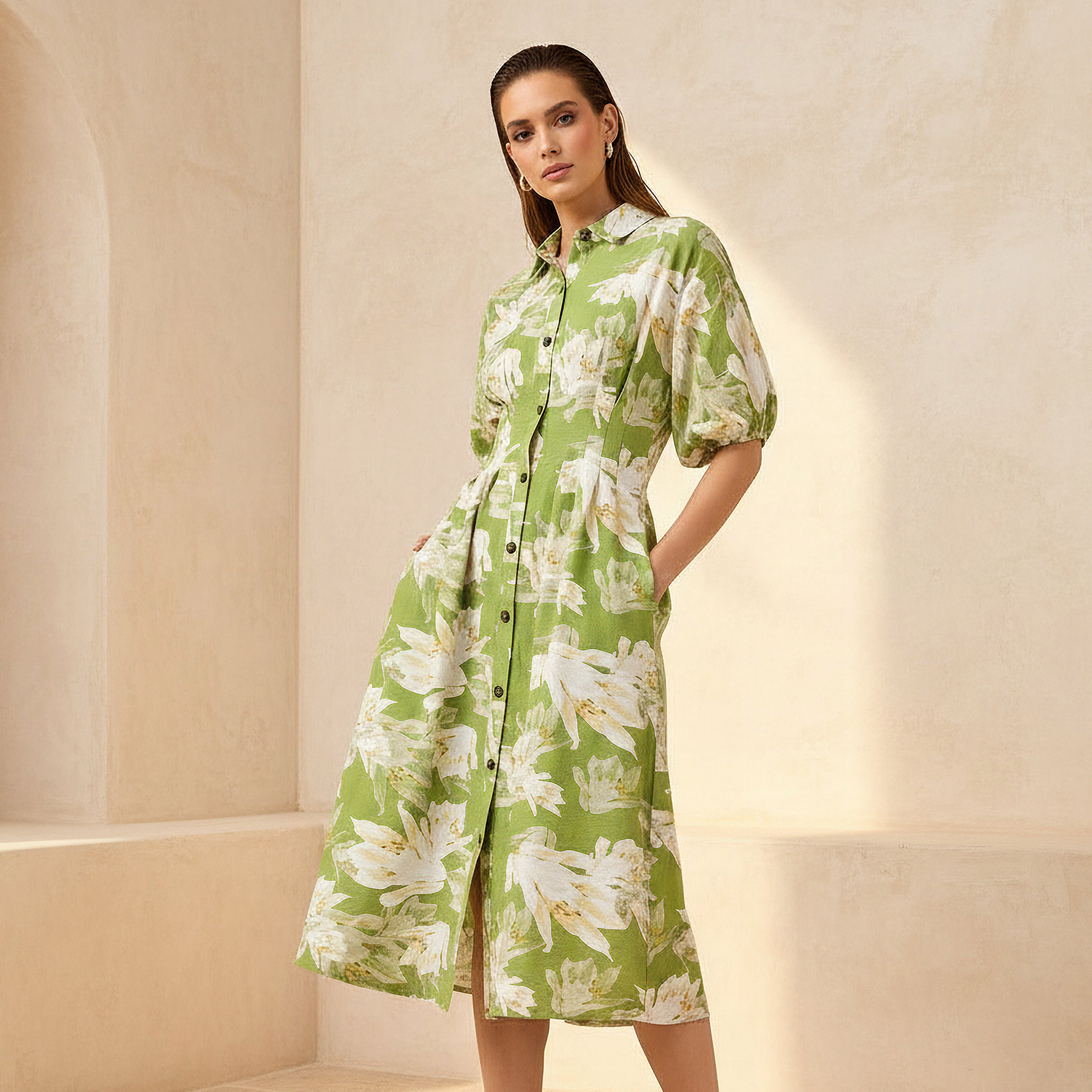 Floral Print Shirt Style Women Dress with Collar Viscose-women-clothing-dresses-image-1