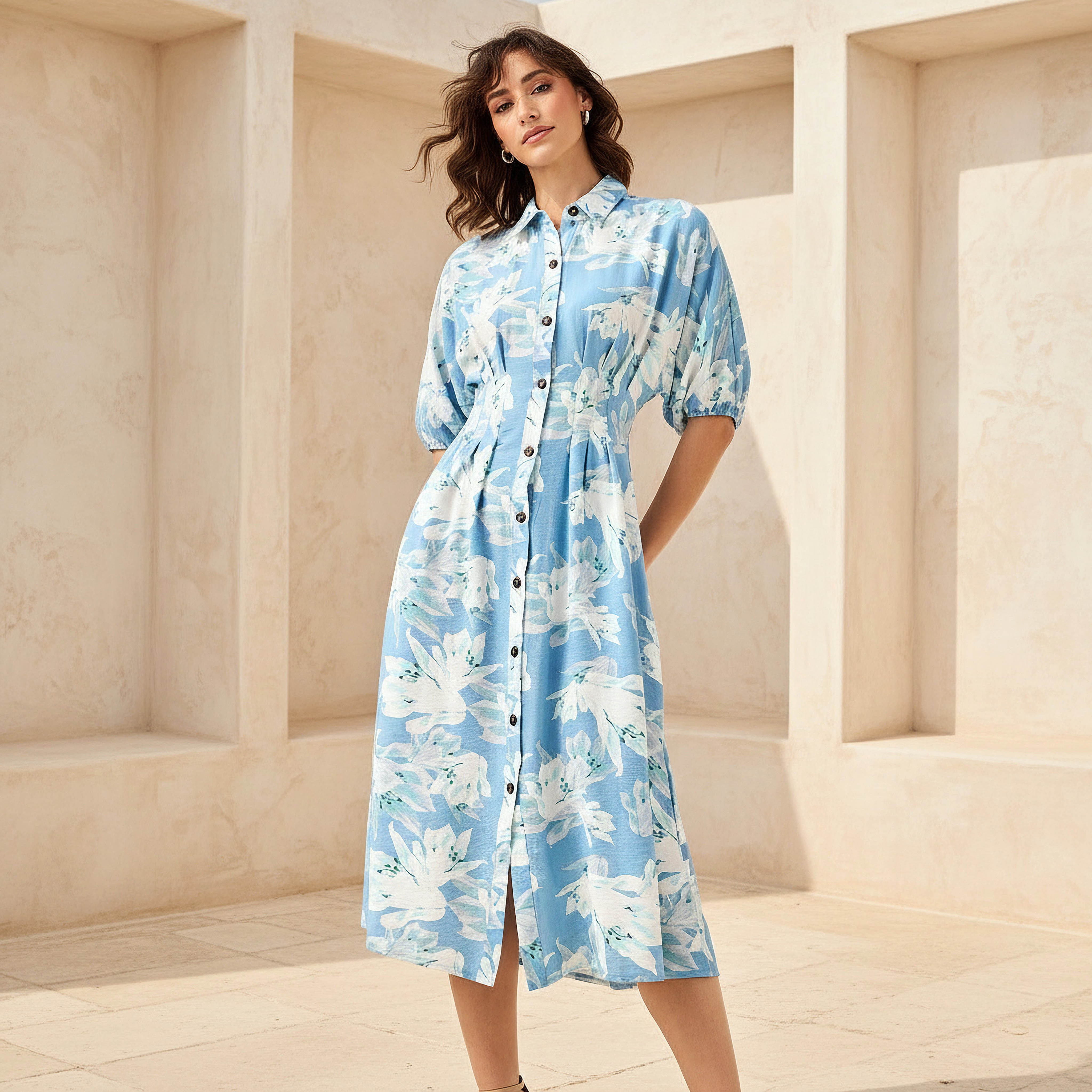 Floral Print Shirt Style Women Dress with Collar Viscose-women-clothing-dresses-image-1