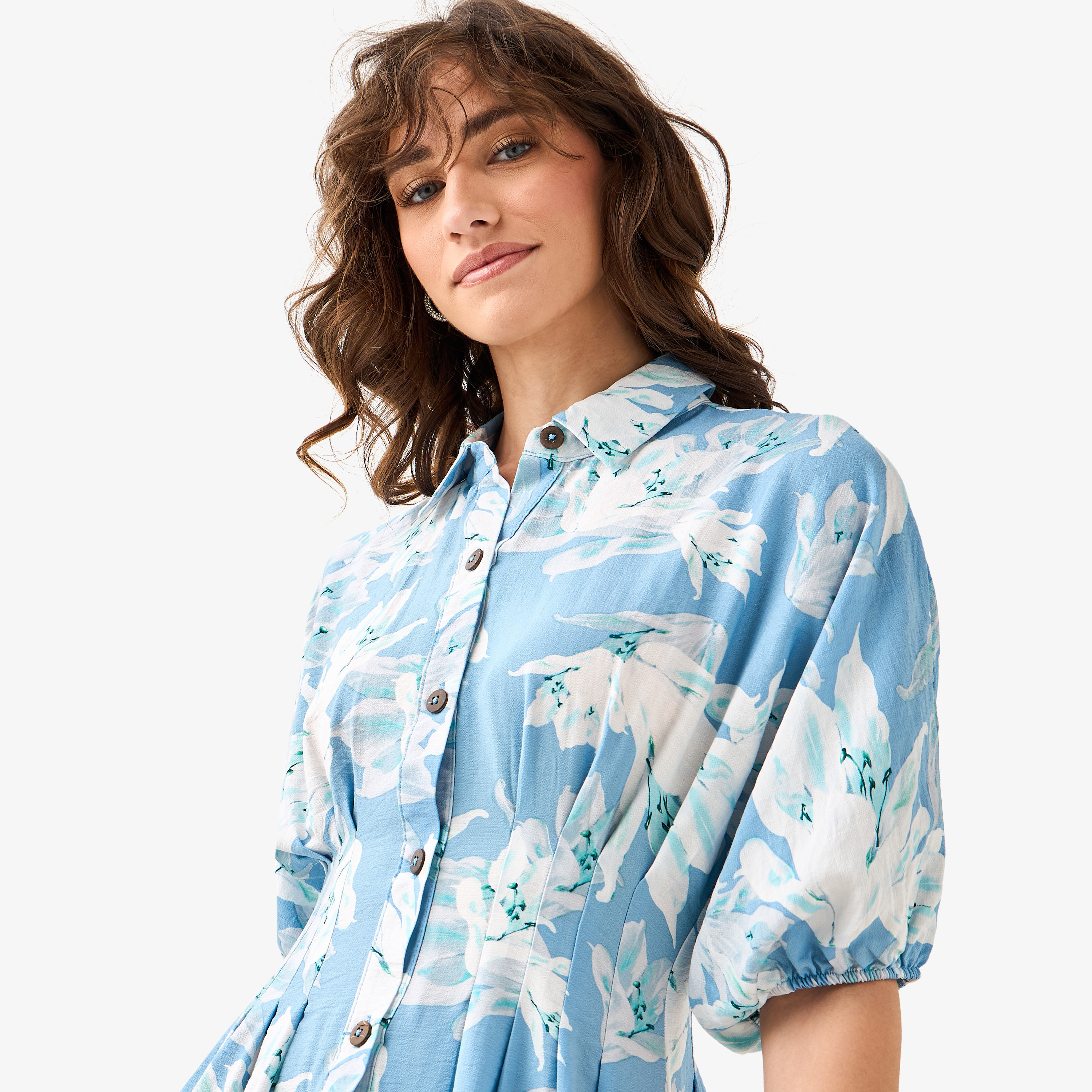 Floral Print Shirt Style Women Dress with Collar Viscose-women-clothing-dresses-image-5
