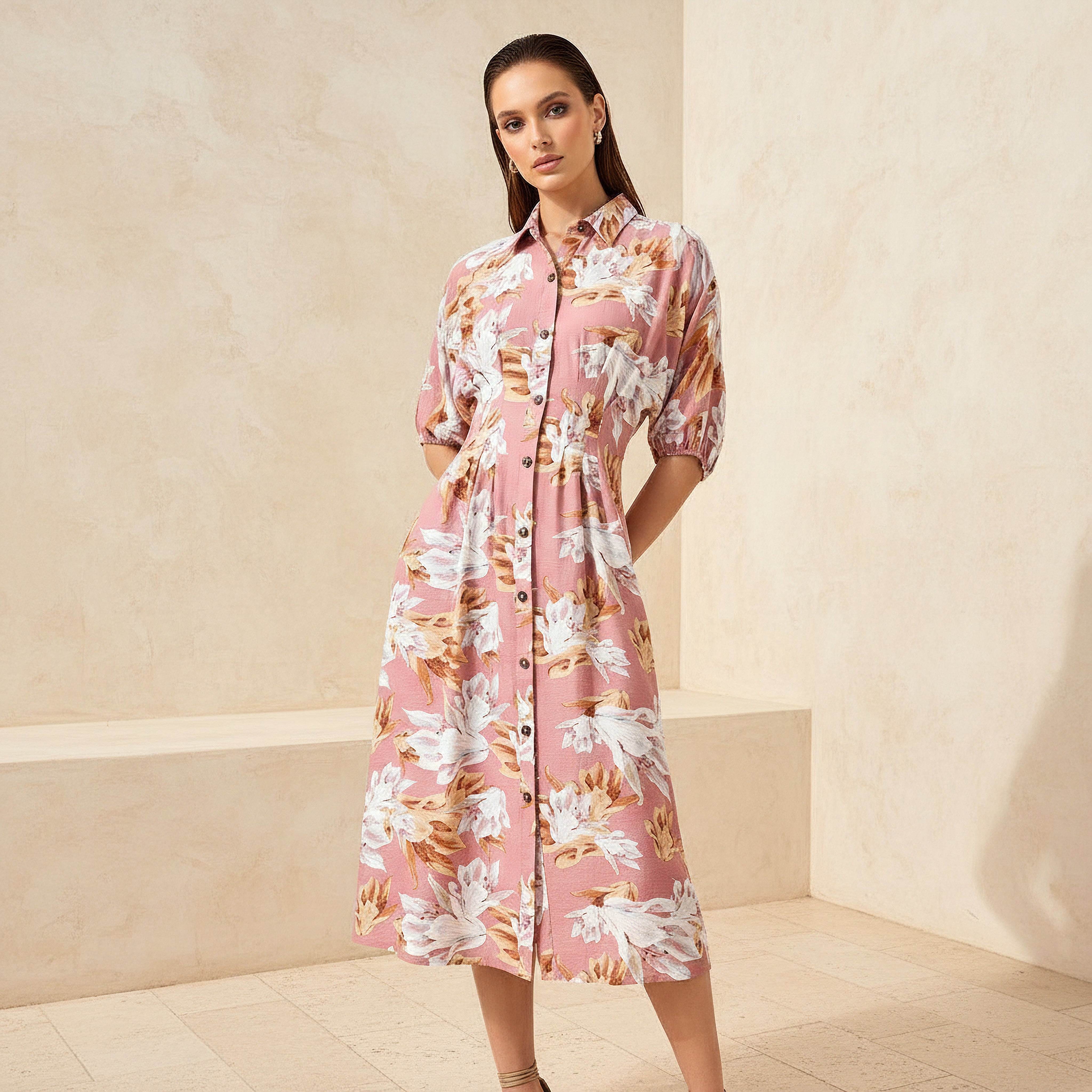 Floral Print Shirt Style Women Dress with Collar Viscose-women-clothing-dresses-image-1