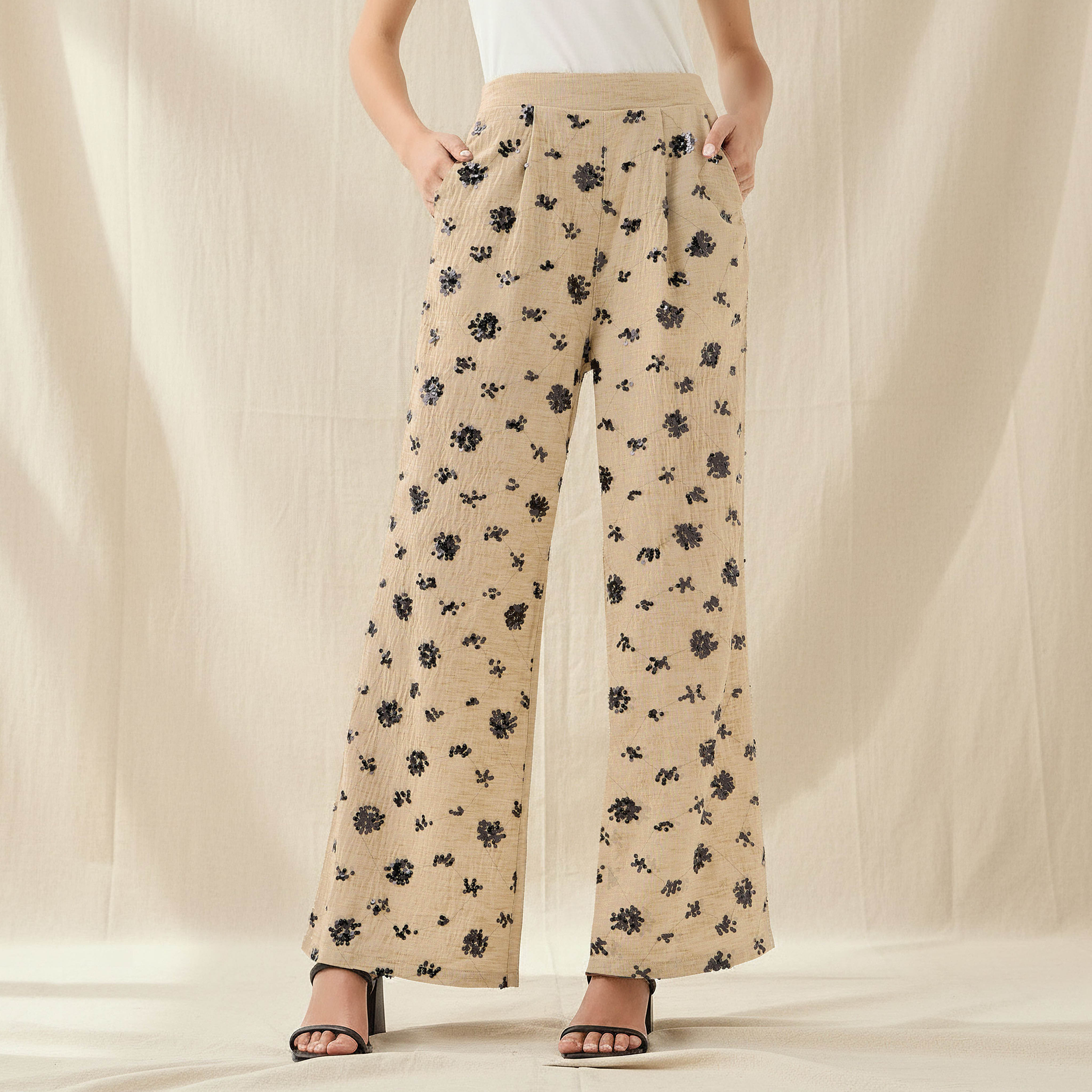 Wide-Leg Trousers with Sequin Embellishment-women-clothing-coordsets-image-1
