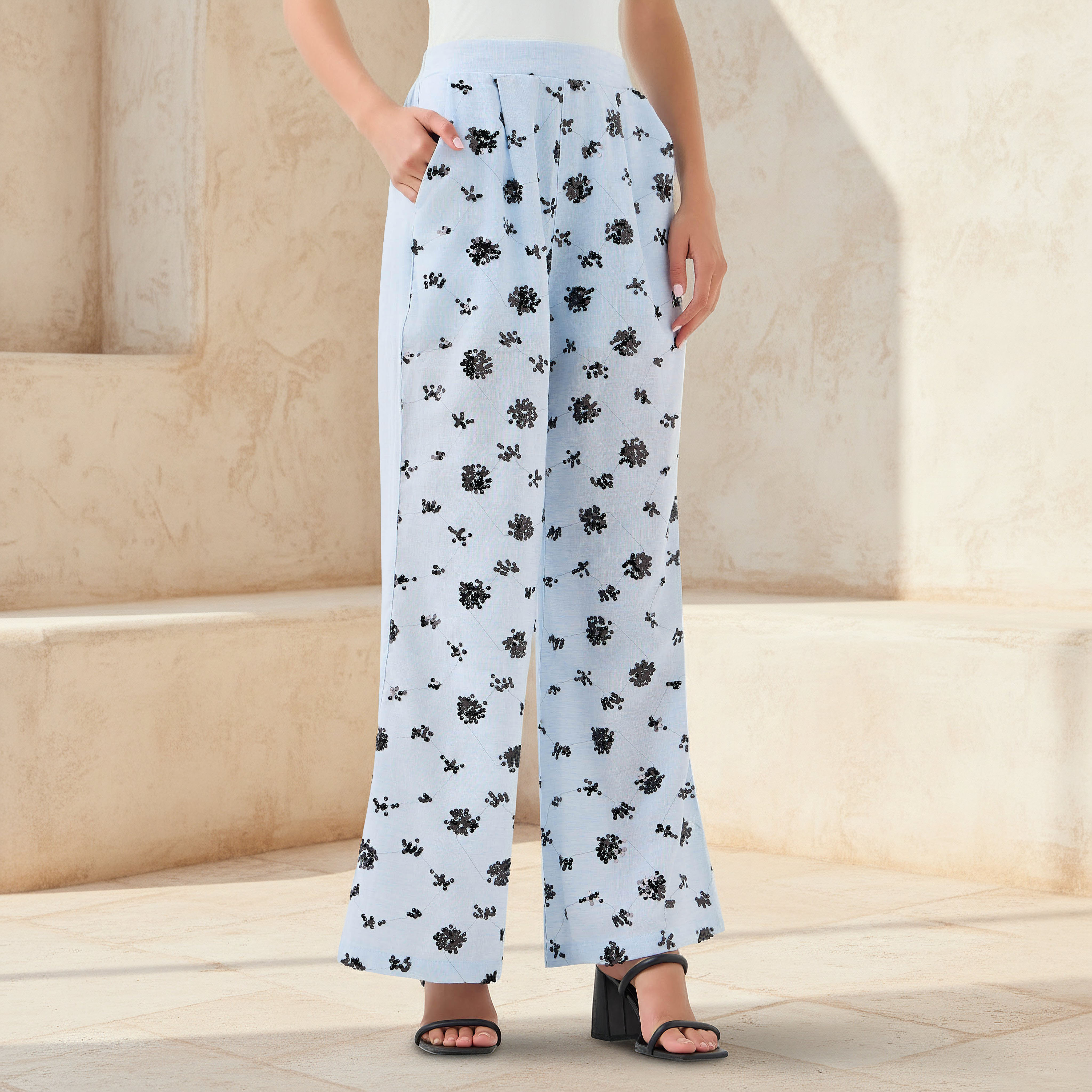 Wide-Leg Trousers with Sequin Embellishment-women-clothing-coordsets-image-1