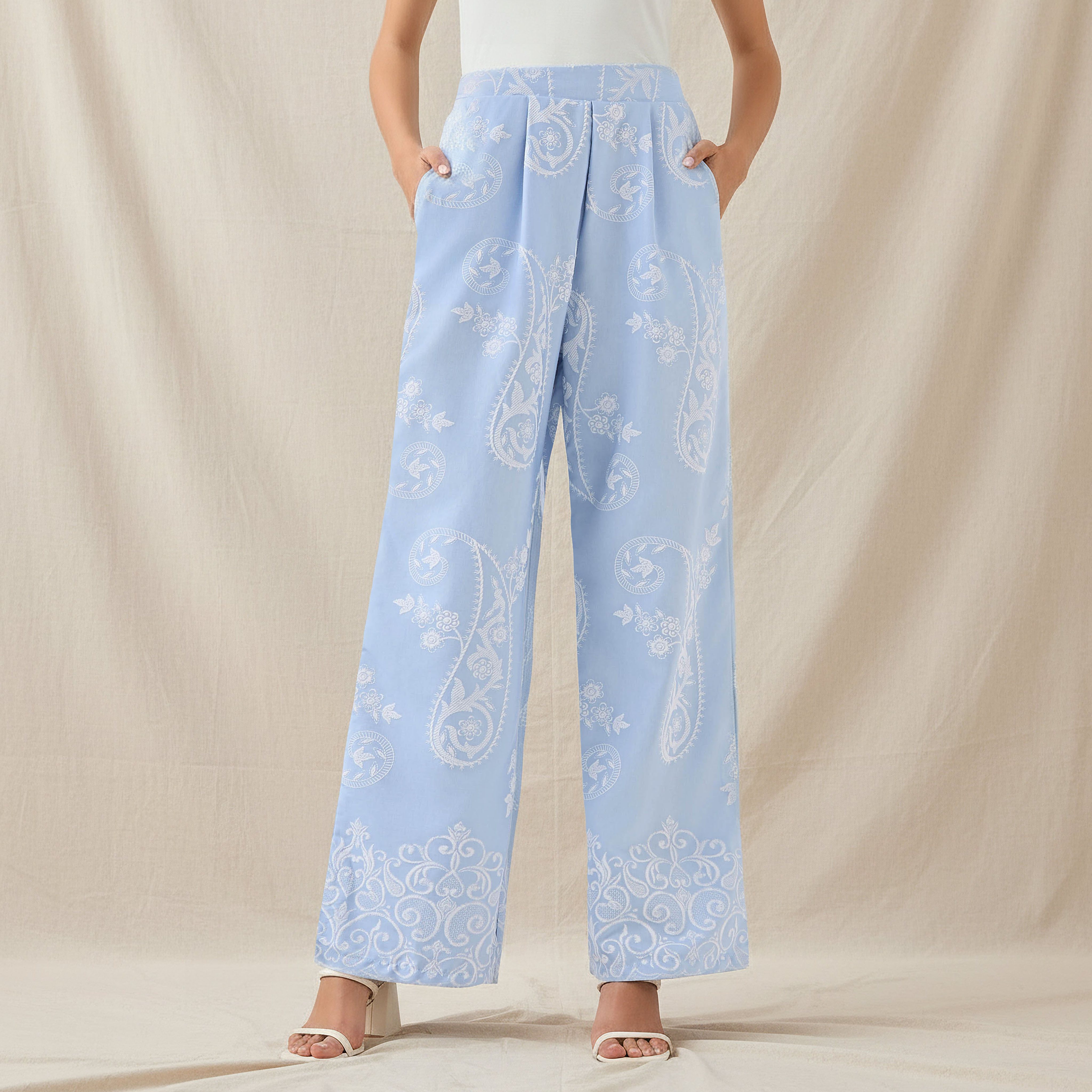 Wide-Leg Paisley Print Pleated Trousers-women-clothing-coordsets-image-1