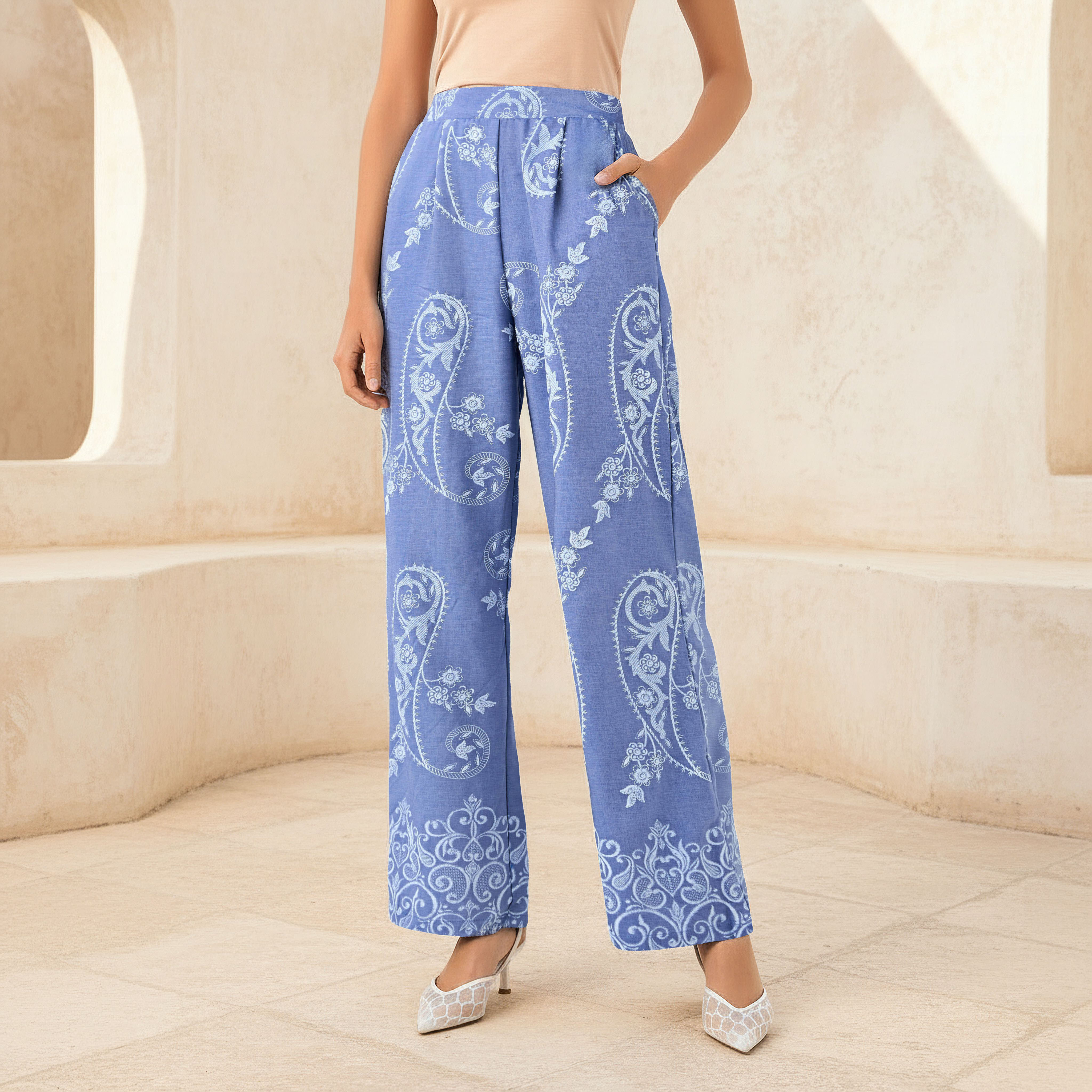 Wide-Leg Paisley Print Pleated Trousers-women-clothing-coordsets-image-1