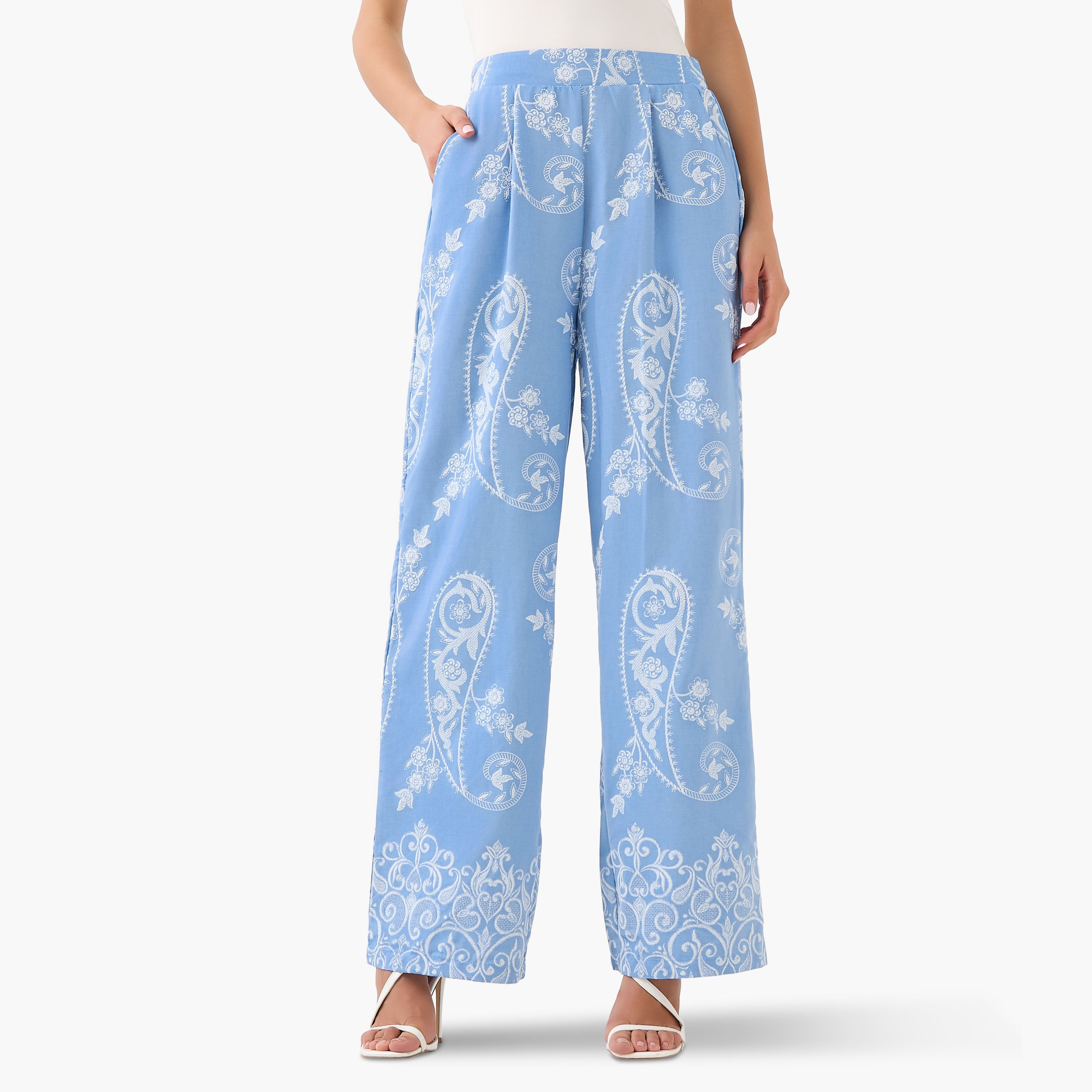 Wide-Leg Paisley Print Pleated Trousers-women-clothing-coordsets-image-2