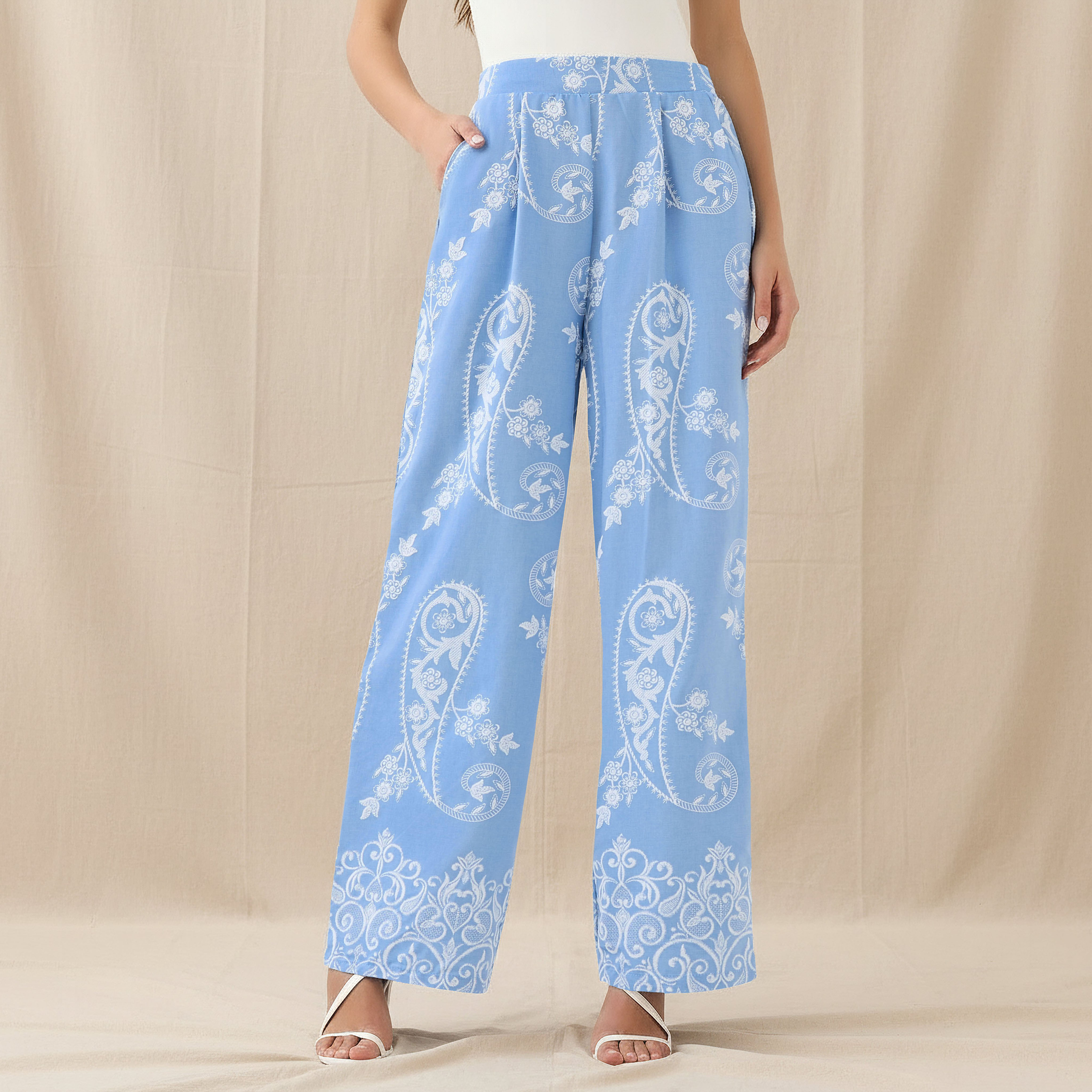 Wide-Leg Paisley Print Pleated Trousers-women-clothing-coordsets-image-1