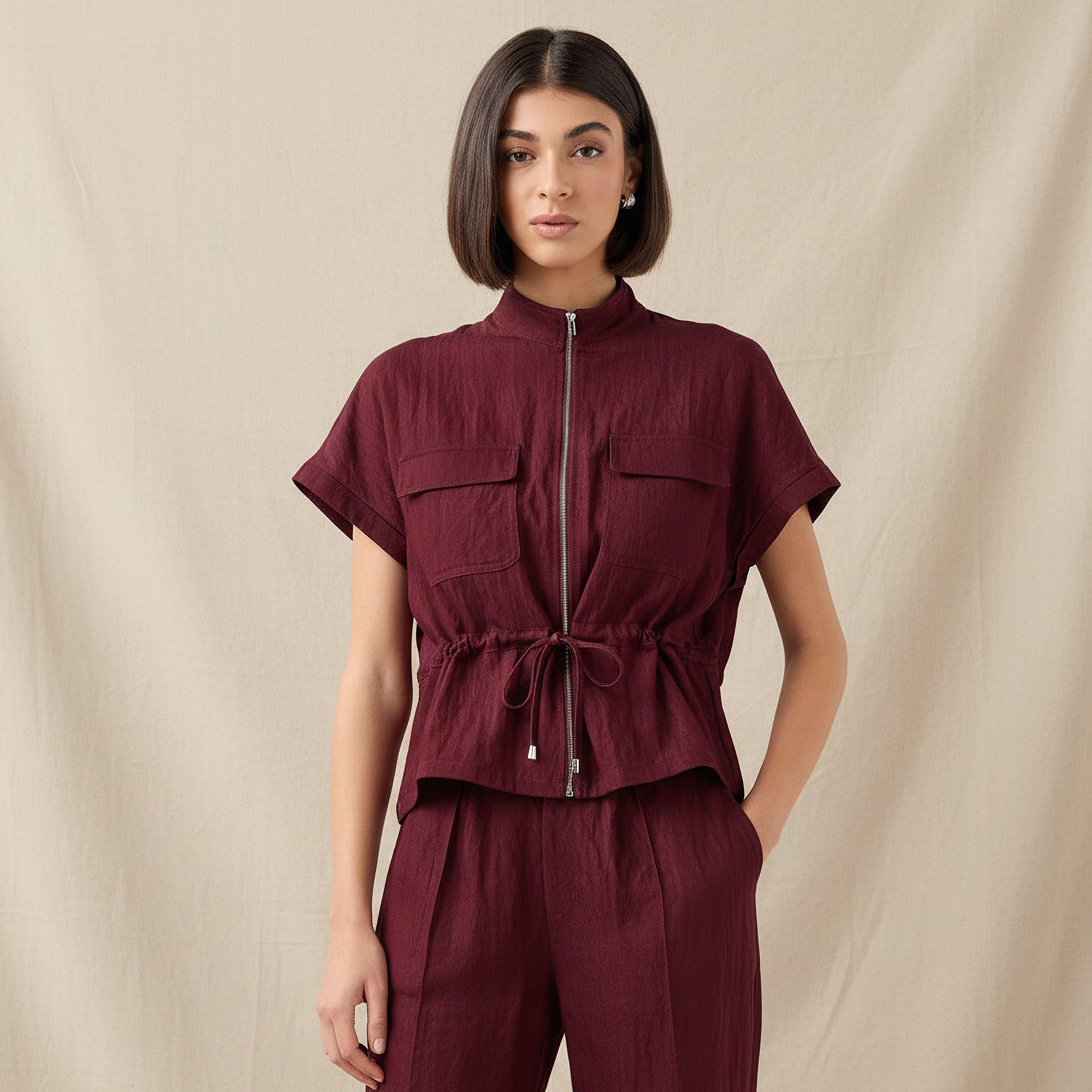 Drawstring Shirt with Extended Sleeves-women-clothing-shirtsandblouses-shirts-image-1