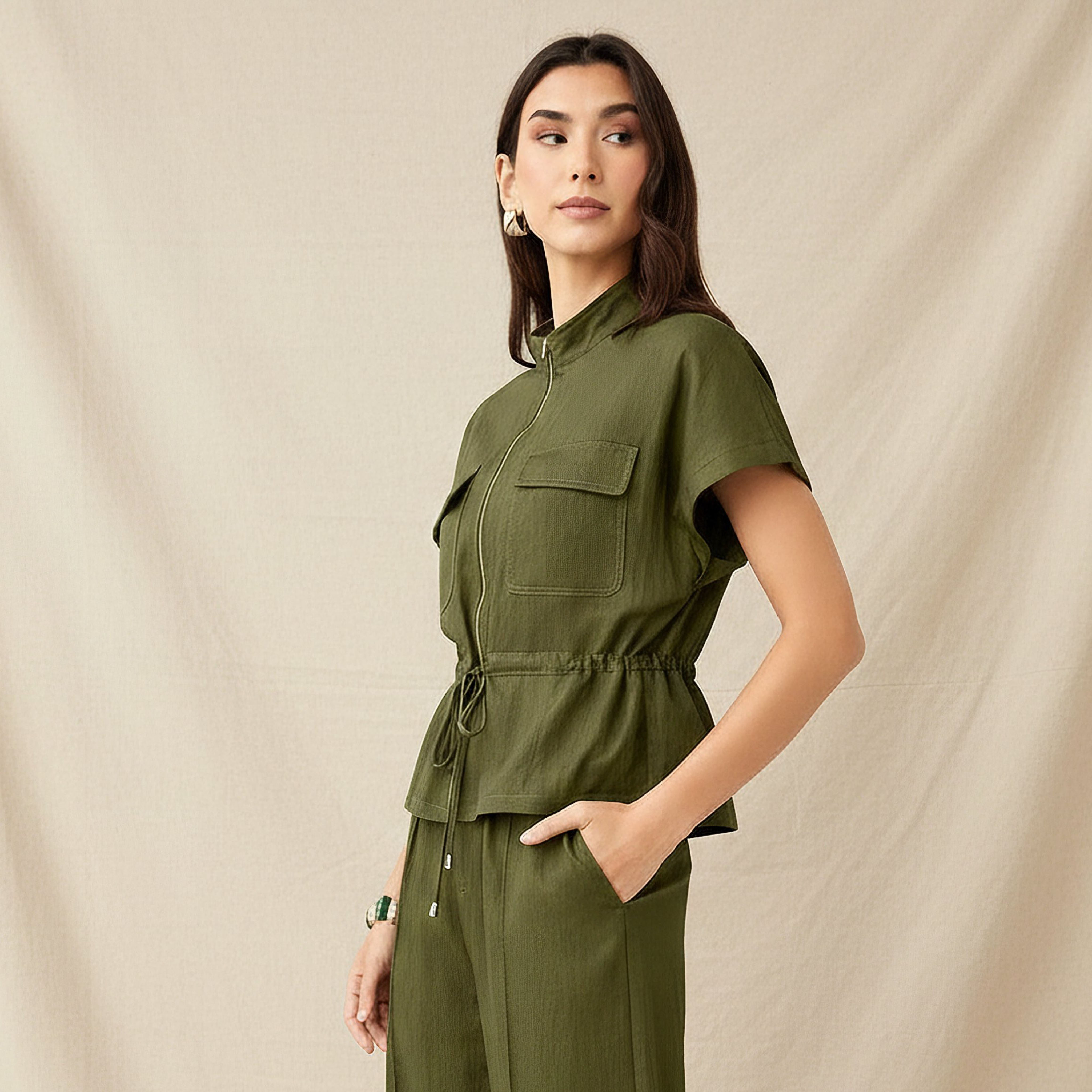 Drawstring Shirt with Extended Sleeves-women-clothing-shirtsandblouses-shirts-image-1