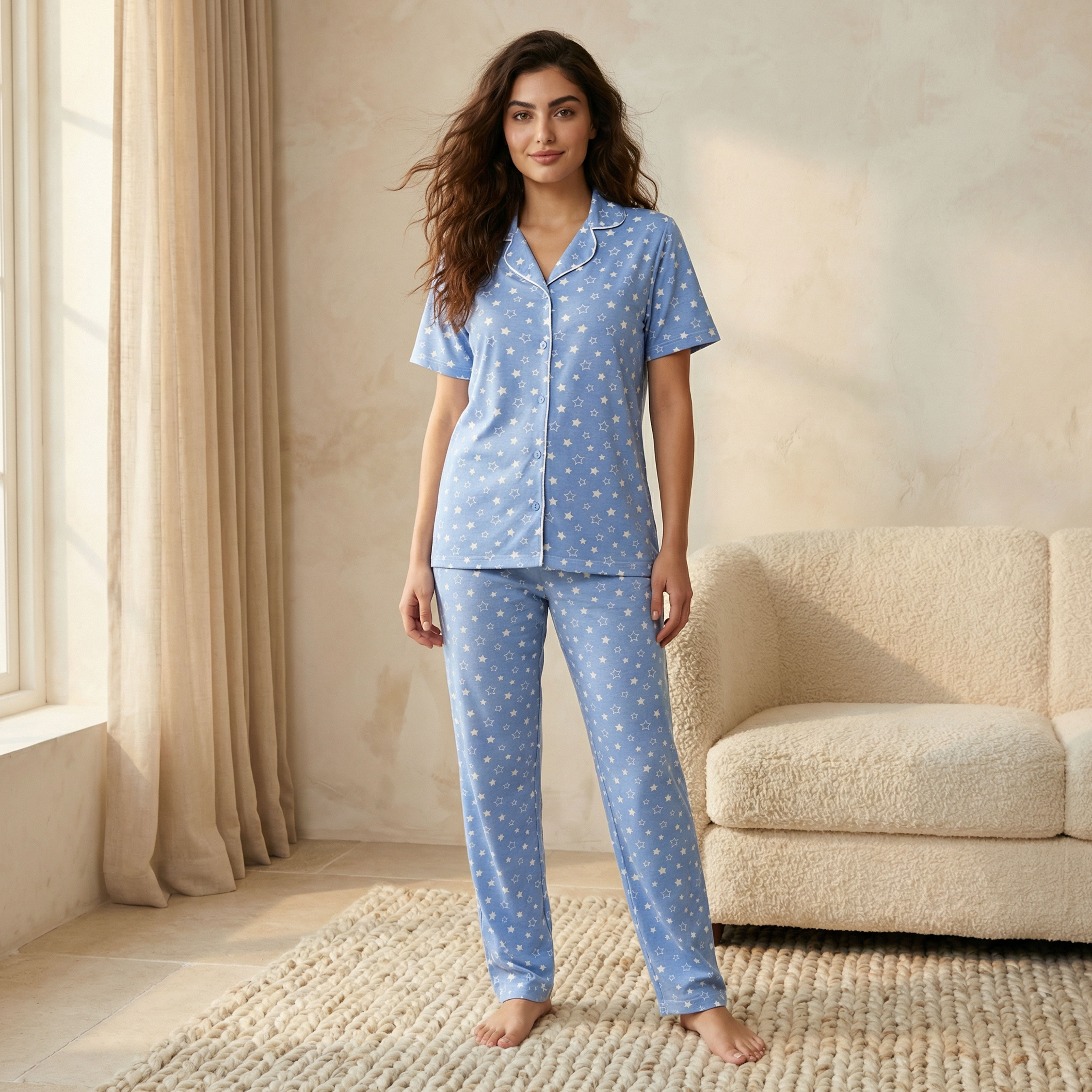 طقم بيجامة قميص وبنطلون-women-clothing-nightwear-pyjamas-longsets-image-1