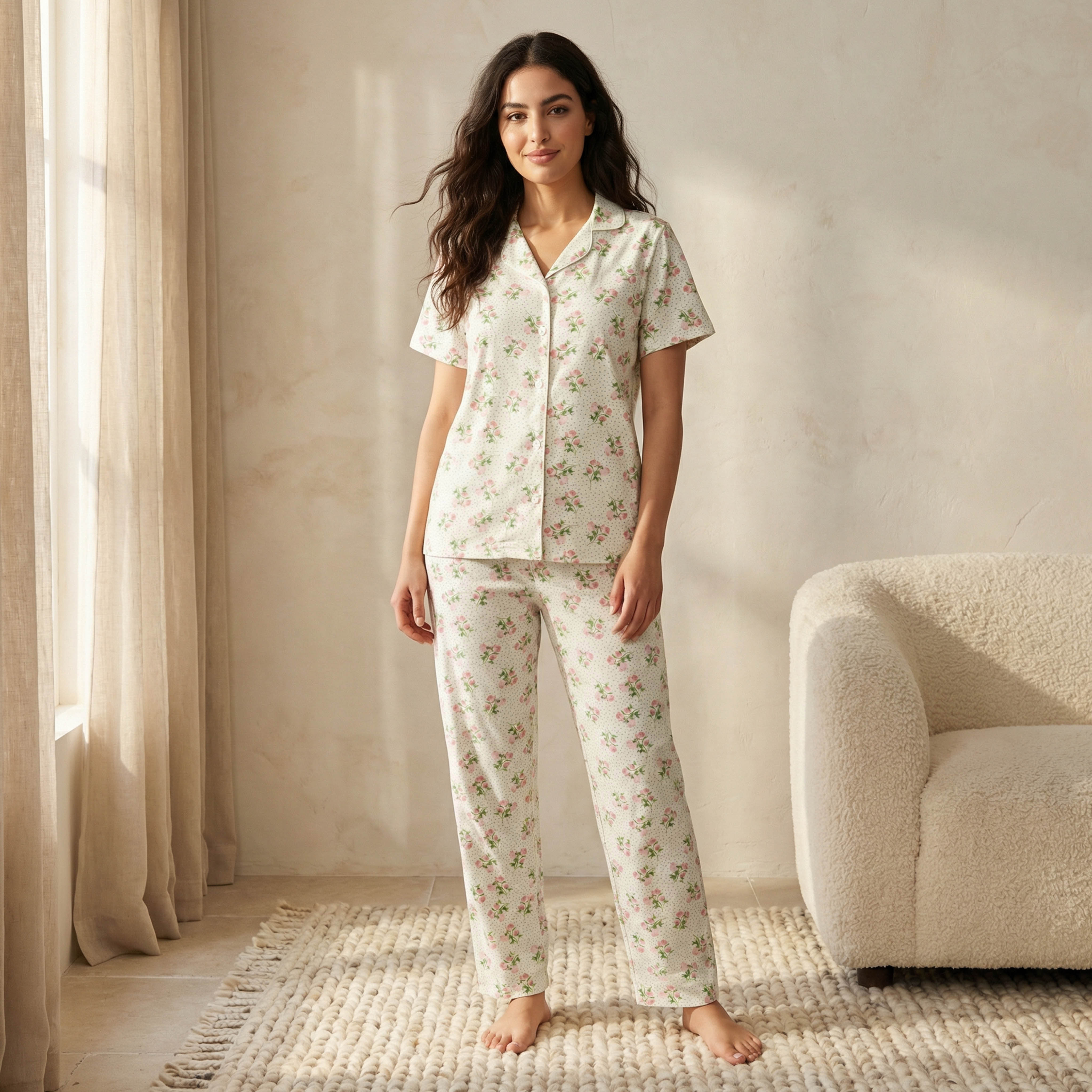 طقم بيجامة قميص وبنطلون-women-clothing-nightwear-pyjamas-longsets-image-1