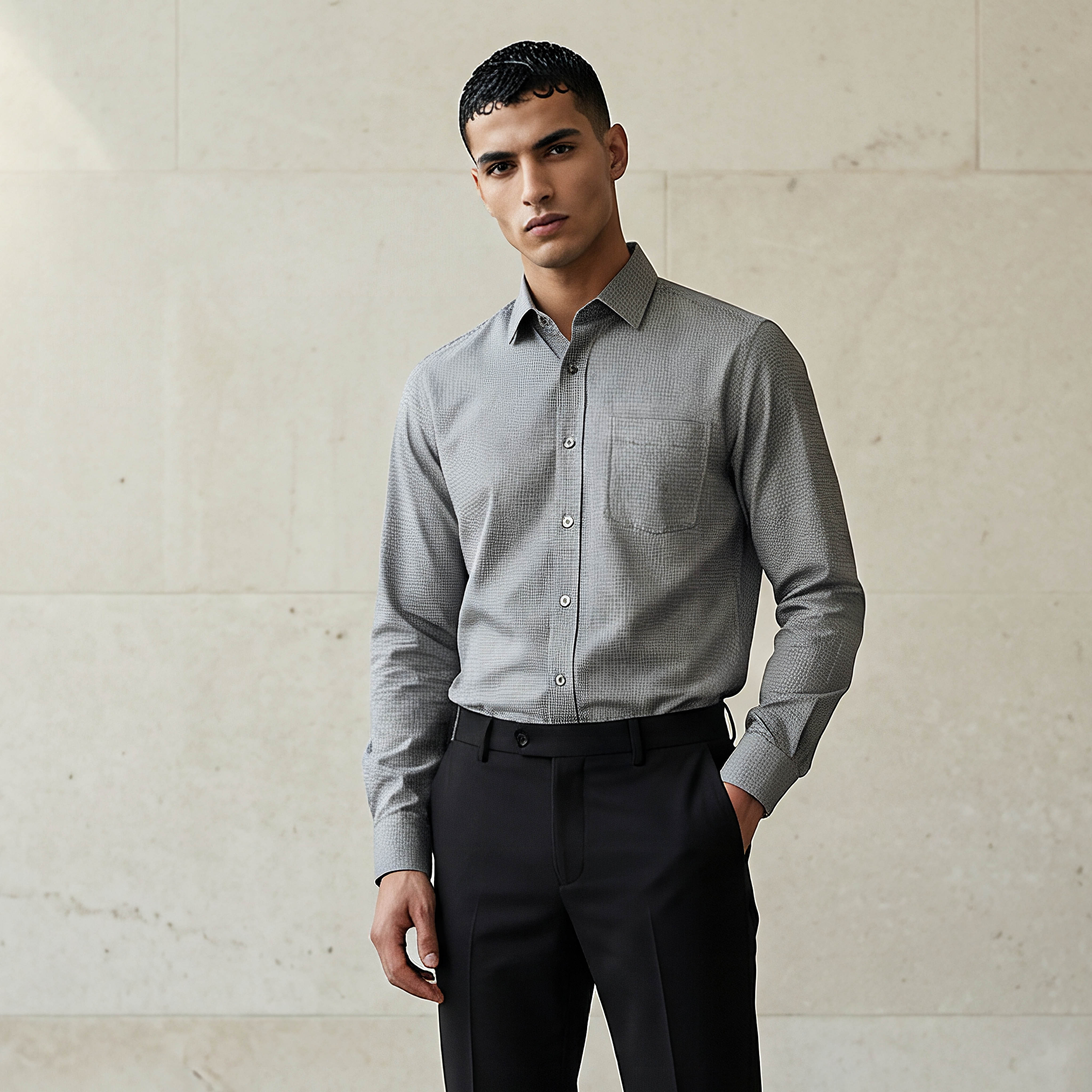 Men Slim Fit Collared Textured Long Sleeve Shirt-men-clothing-shirts-image-1