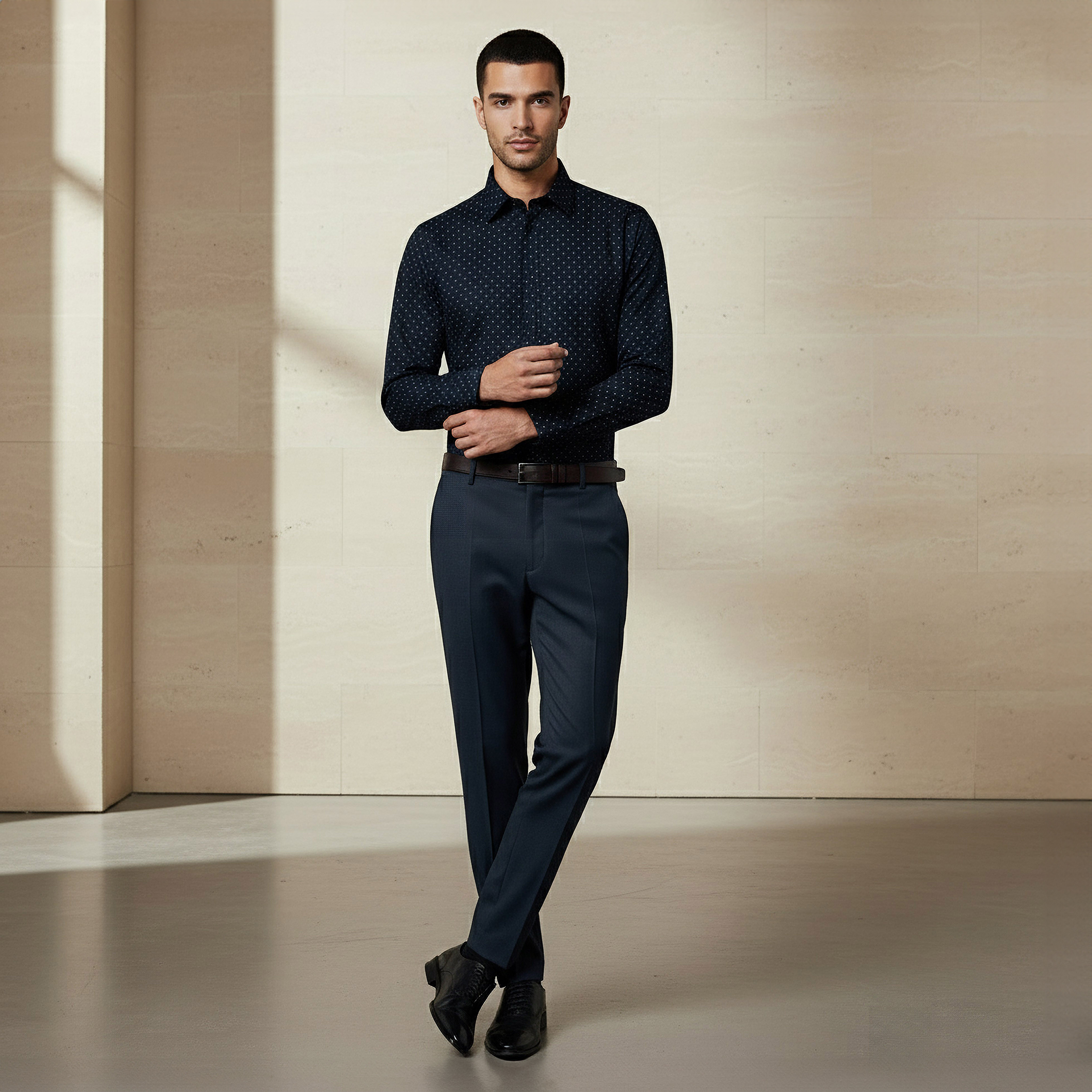 Men Slim Fit Collared Self Textured Printed Long Sleeves Shirt-men-clothing-shirts-image-4
