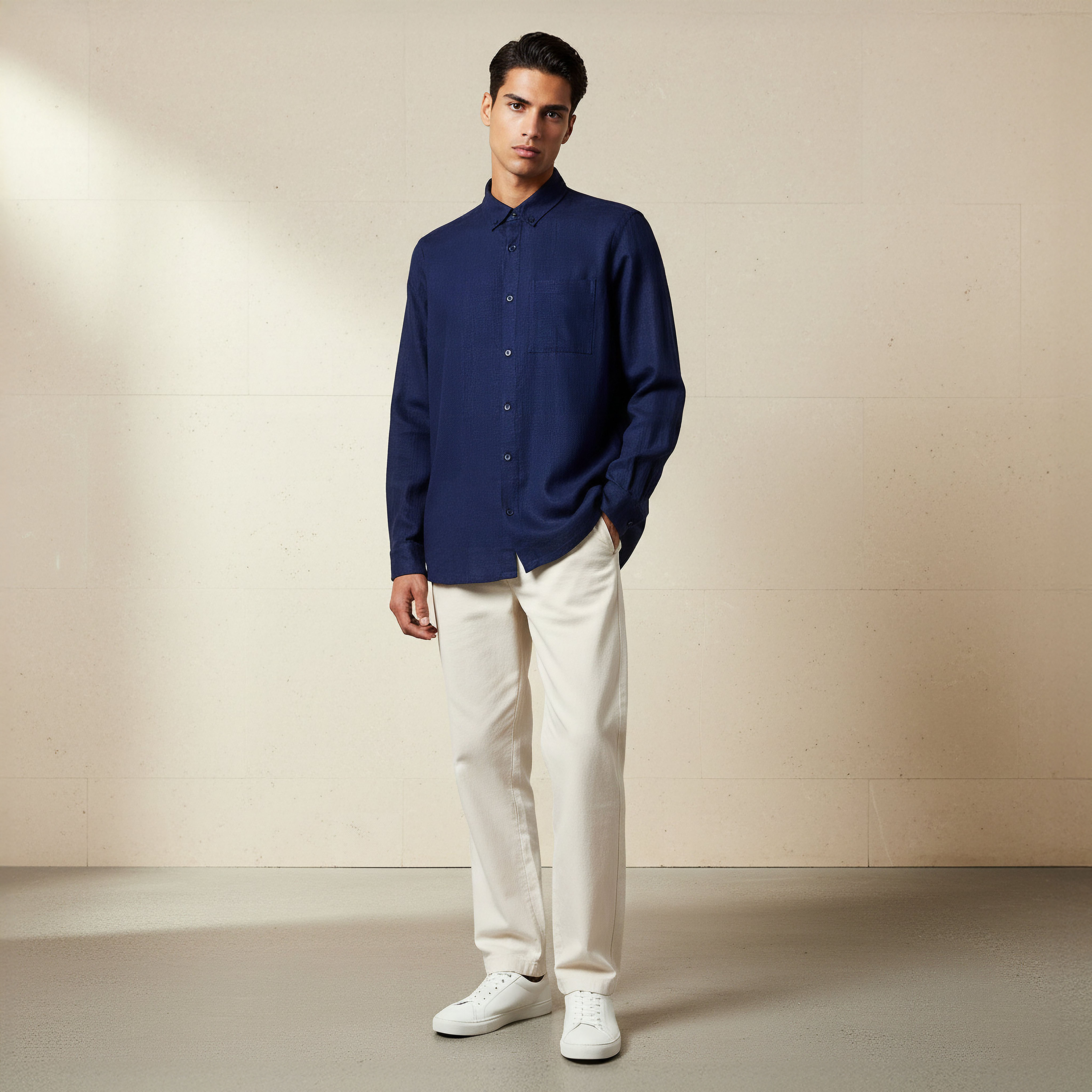 قميص من مزيج الكتان بقصة عادية وياقة عادية وأكمام طويلة للرجال-men-clothing-shirts-image-2