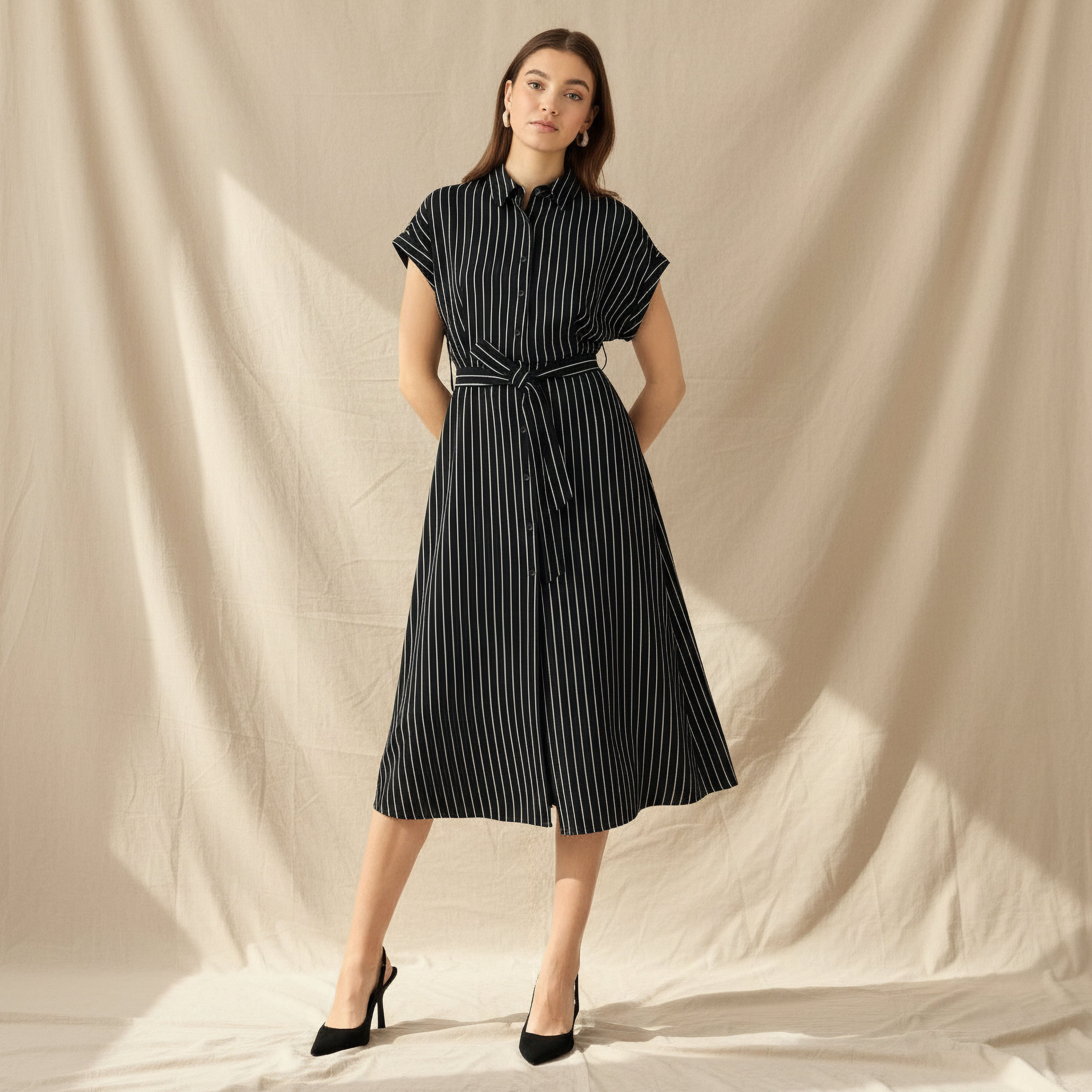 Striped Shirt Women Dress with Belt-women-clothing-dresses-image-1