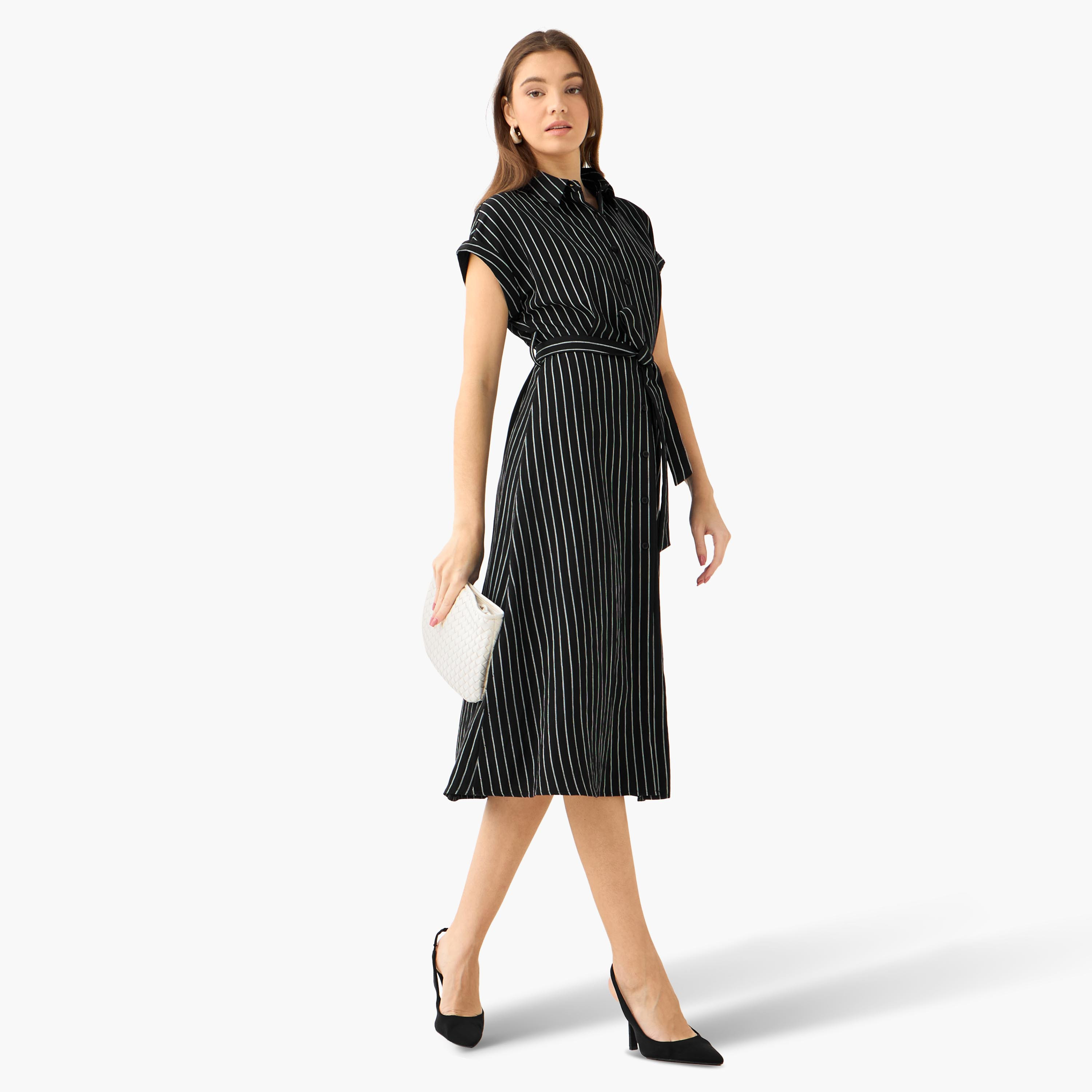 Striped Shirt Women Dress with Belt-women-clothing-dresses-image-3