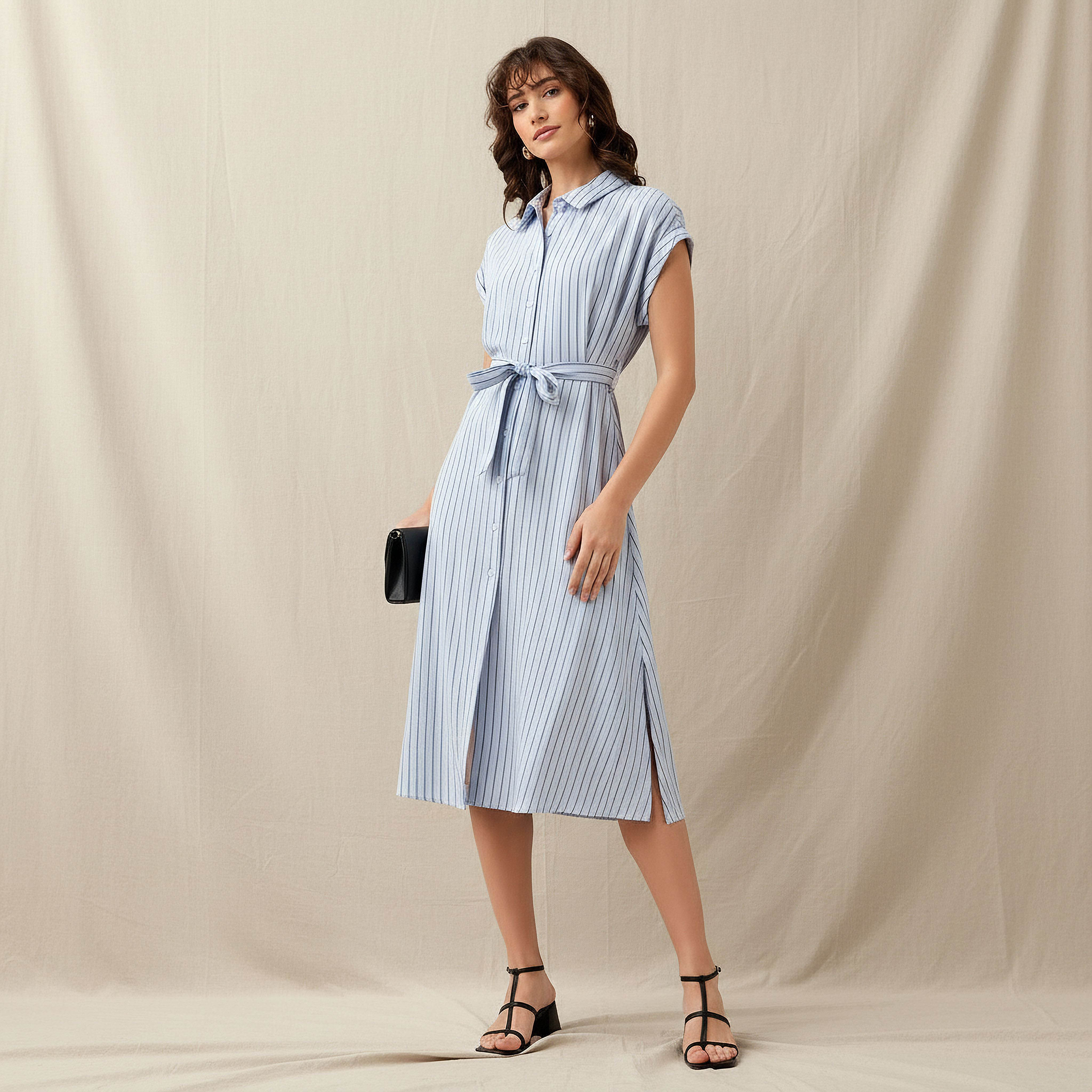 Striped Shirt Women Dress with Belt-women-clothing-dresses-image-1