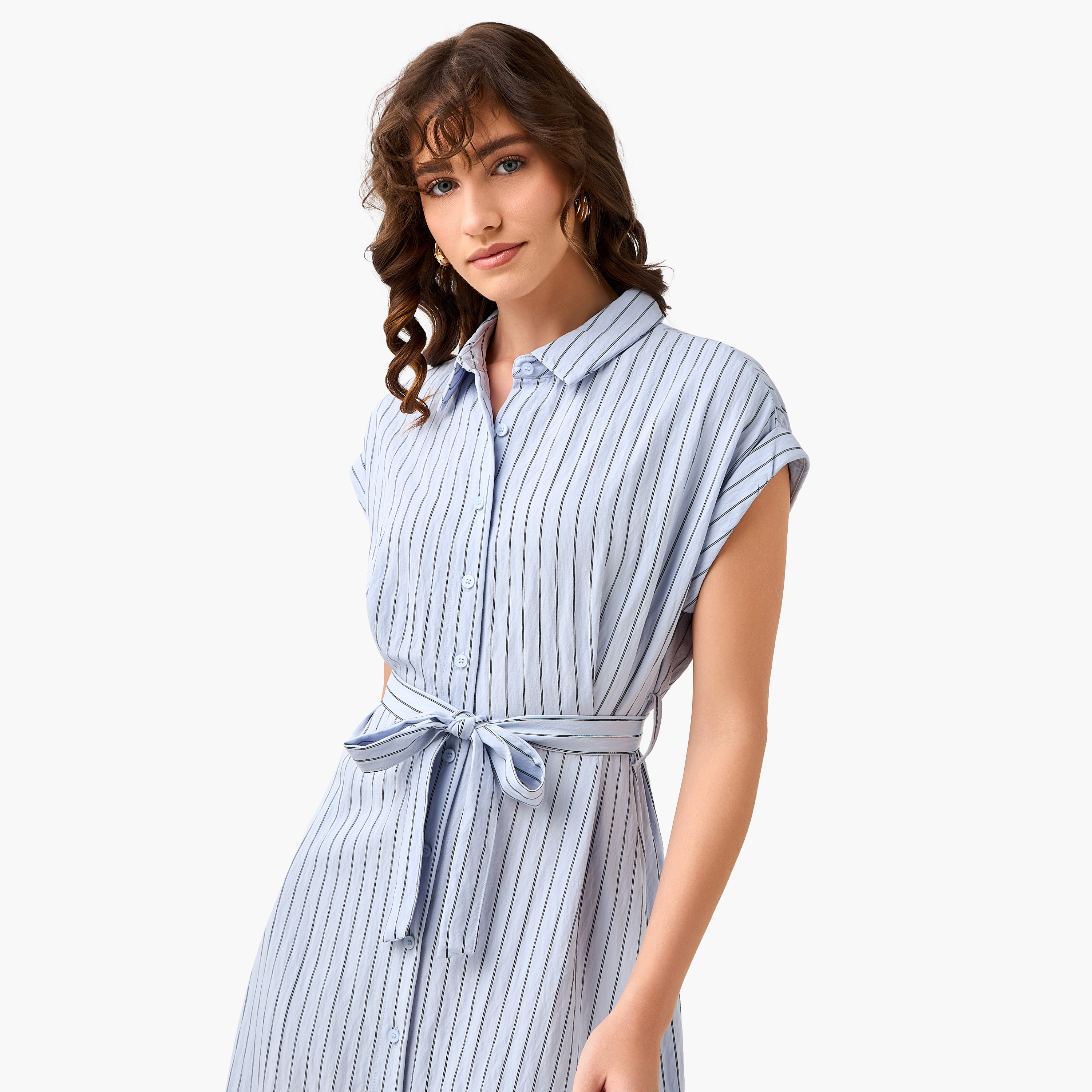 Striped Shirt Women Dress with Belt-women-clothing-dresses-image-5