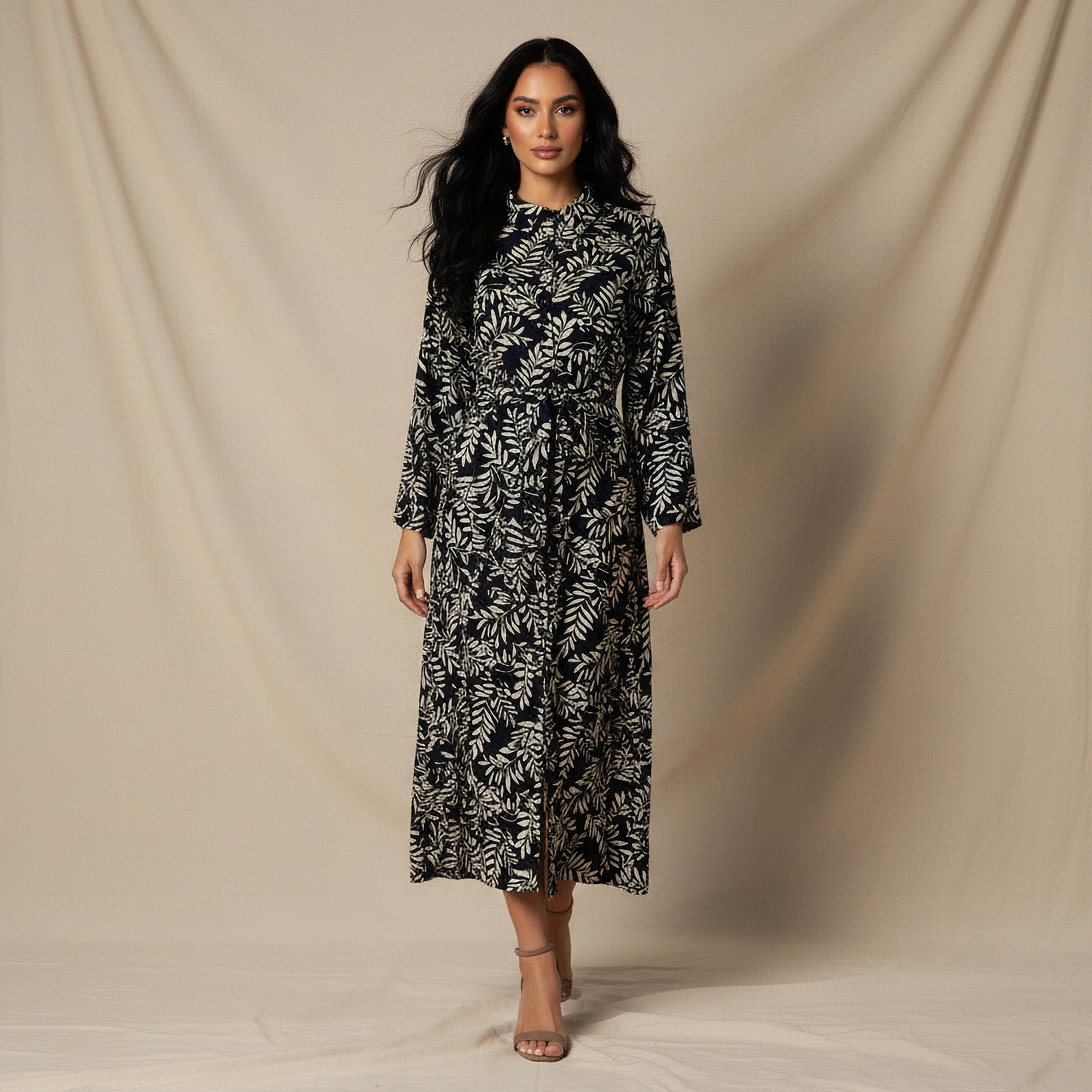 Leaf Print Viscose Women Shirt Dress with Belt-women-clothing-dresses-image-1