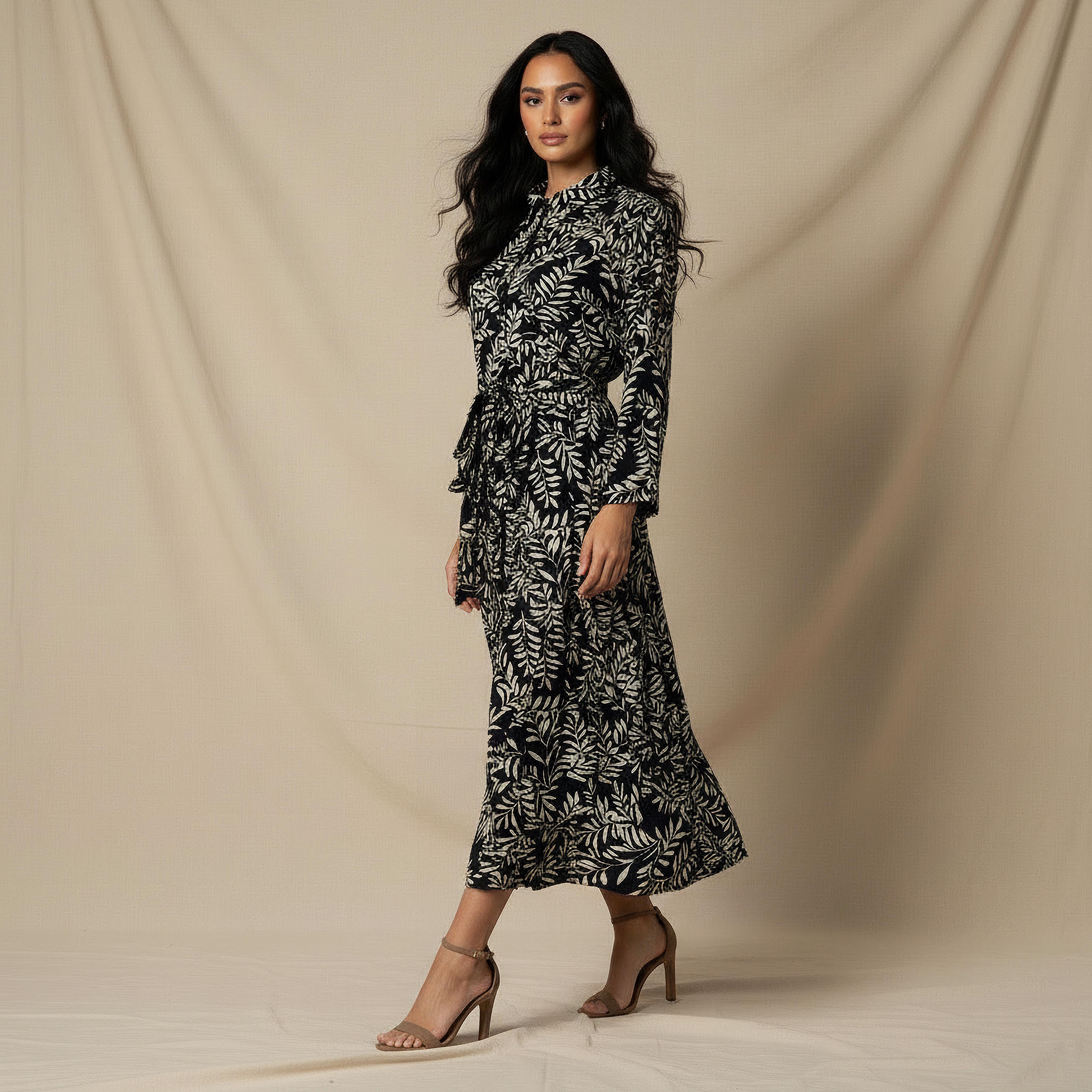 Leaf Print Viscose Women Shirt Dress with Belt-women-clothing-dresses-image-3
