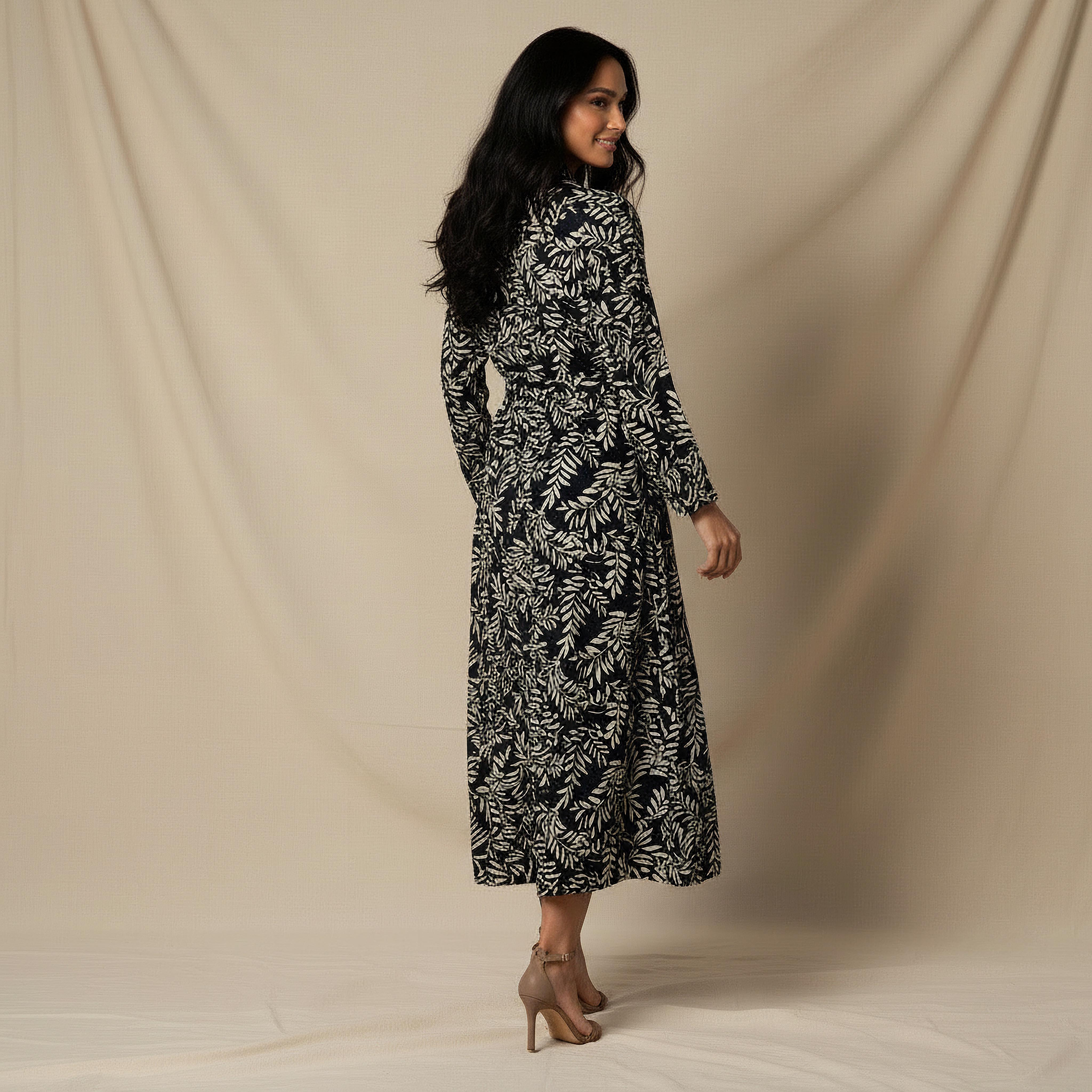 Leaf Print Viscose Women Shirt Dress with Belt-women-clothing-dresses-image-5