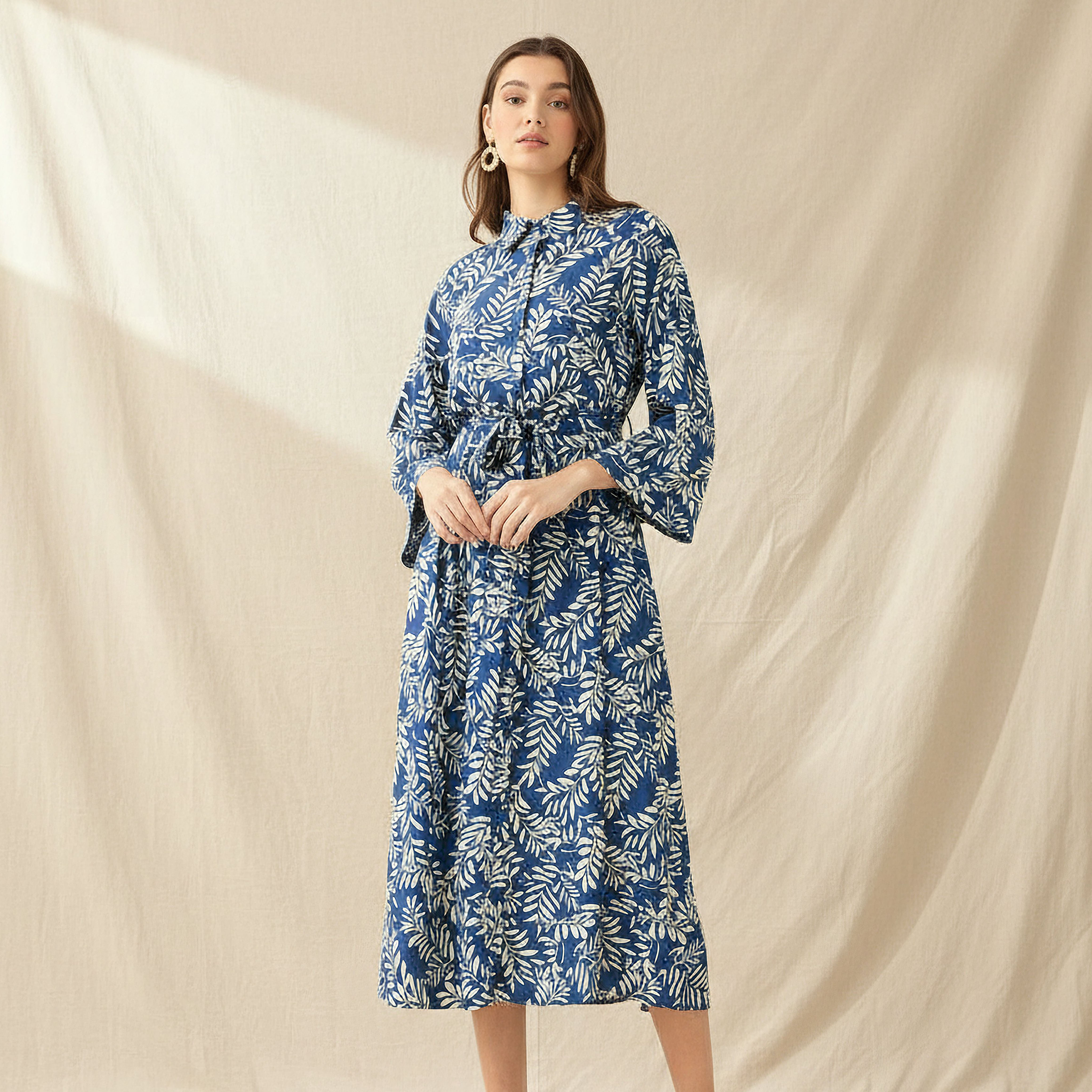 Leaf Print Viscose Women Shirt Dress with Belt-women-clothing-dresses-image-1