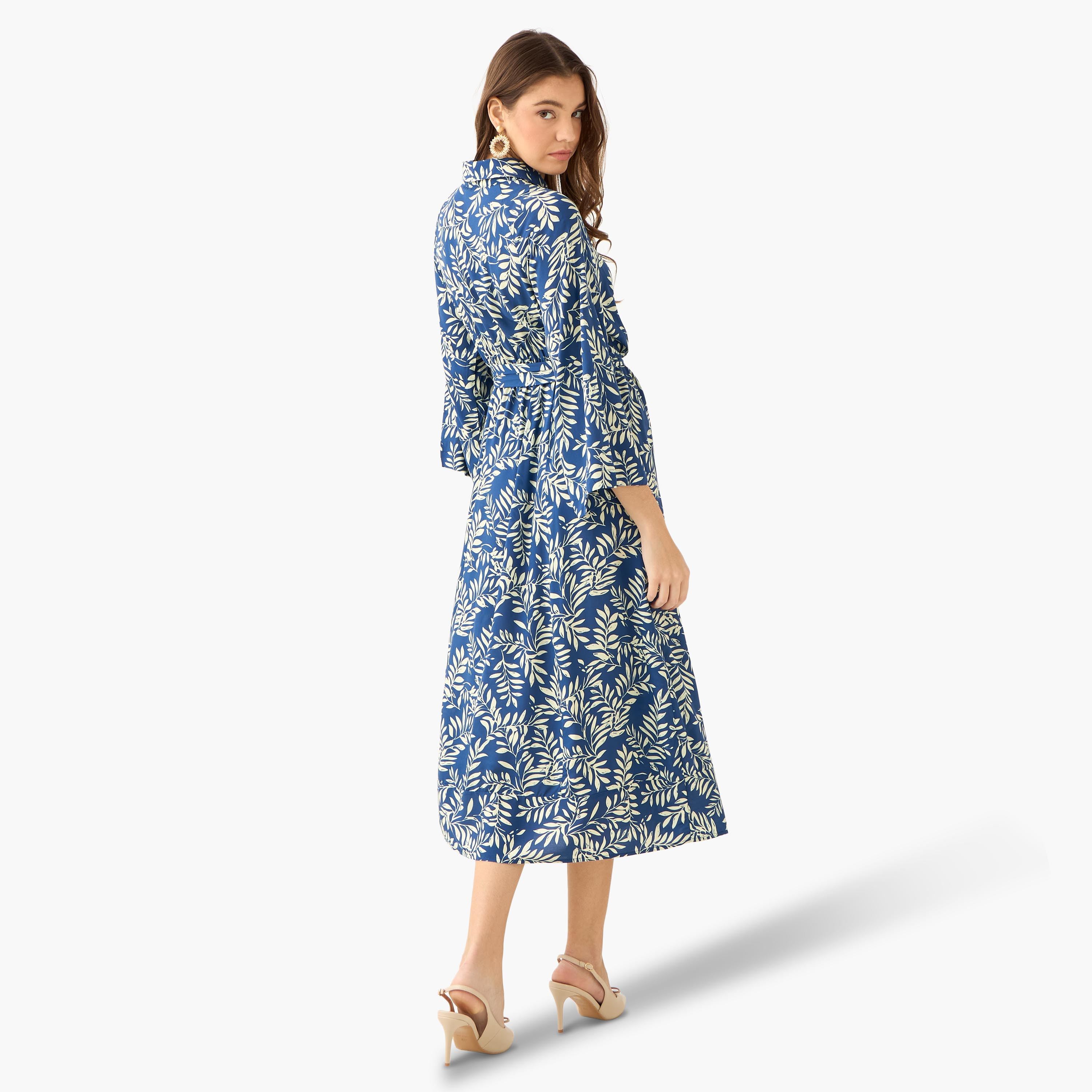 Leaf Print Viscose Women Shirt Dress with Belt-women-clothing-dresses-image-4