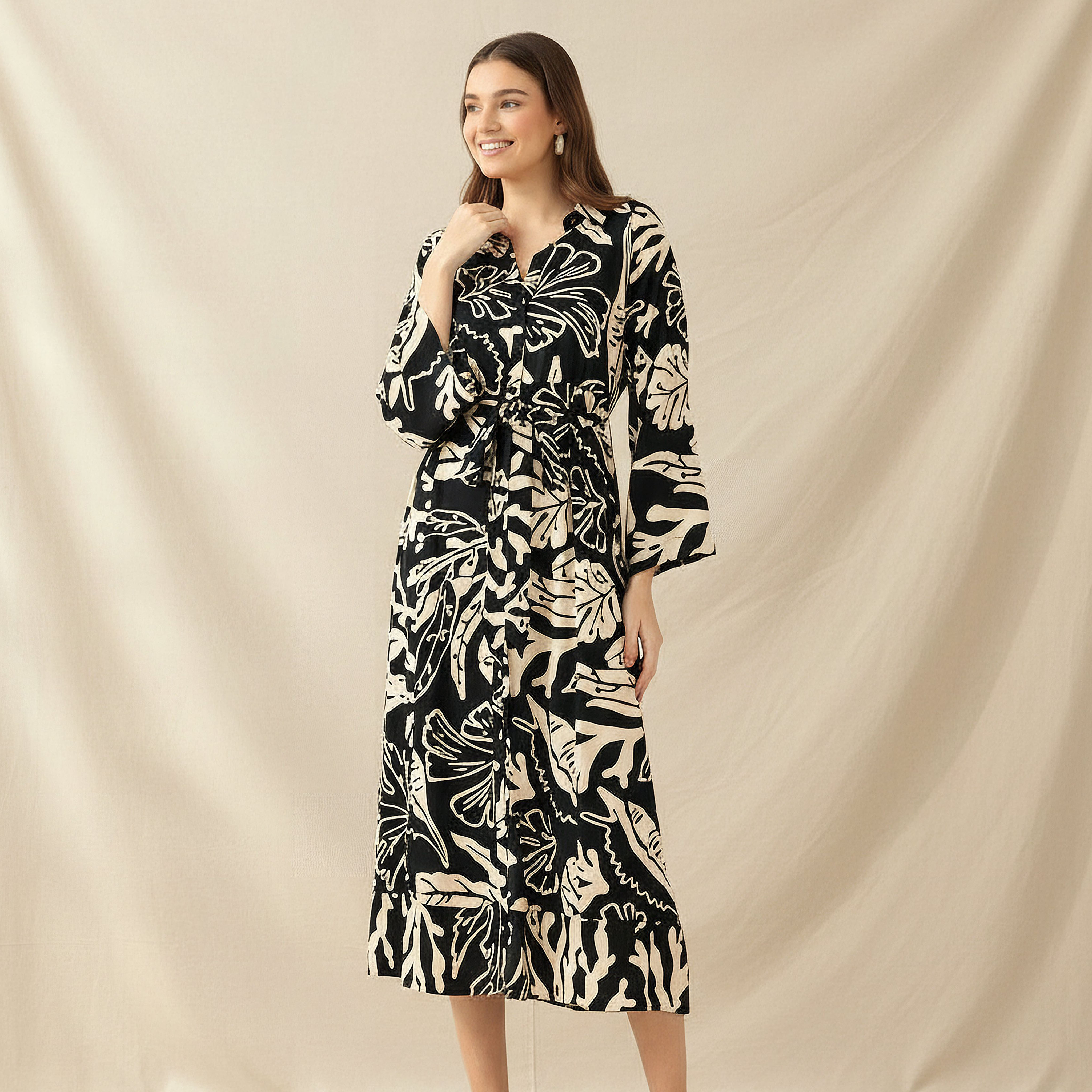 Leaf Print Viscose Women Shirt Dress with Belt-PROMO_SP_QA__6_RGCC_BUY2FOR199_040325-image-1