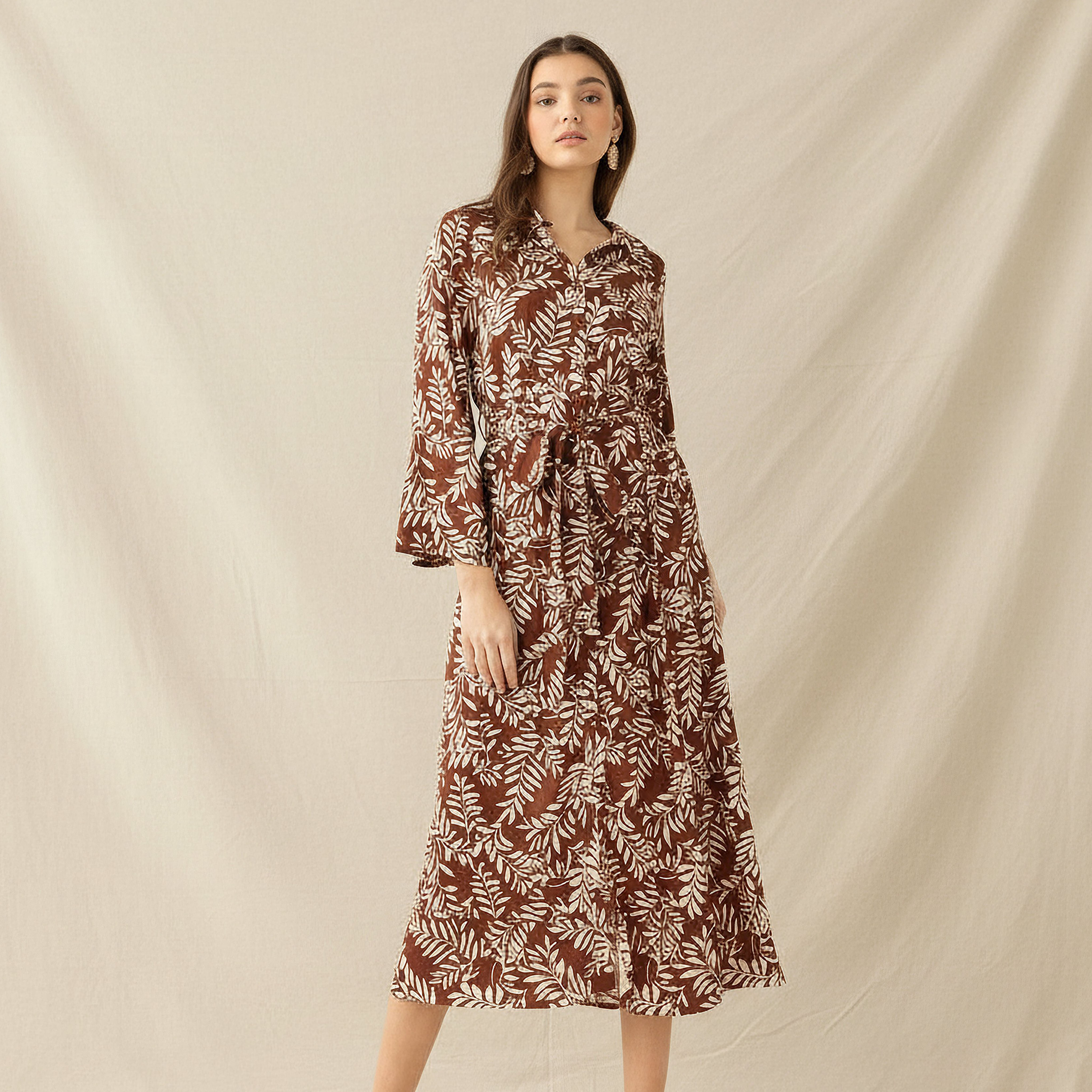 Leaf Print Viscose Women Shirt Dress with Belt-women-clothing-dresses-image-1