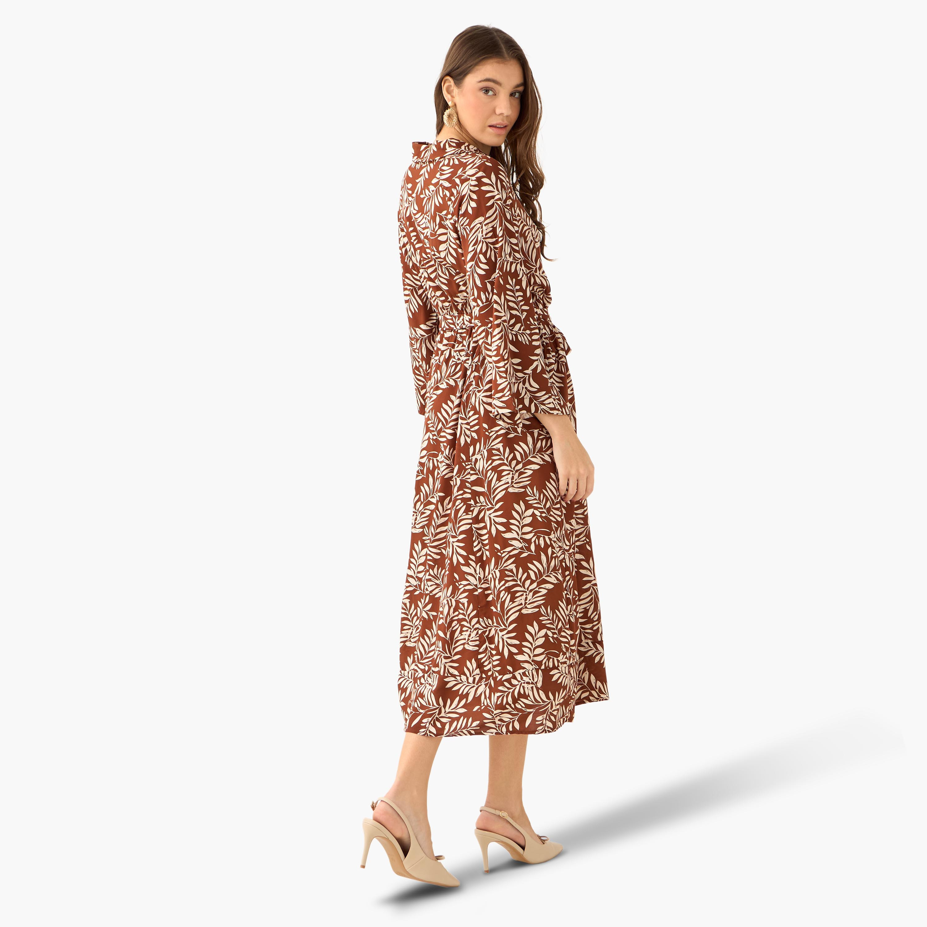 Leaf Print Viscose Women Shirt Dress with Belt-women-clothing-dresses-image-4