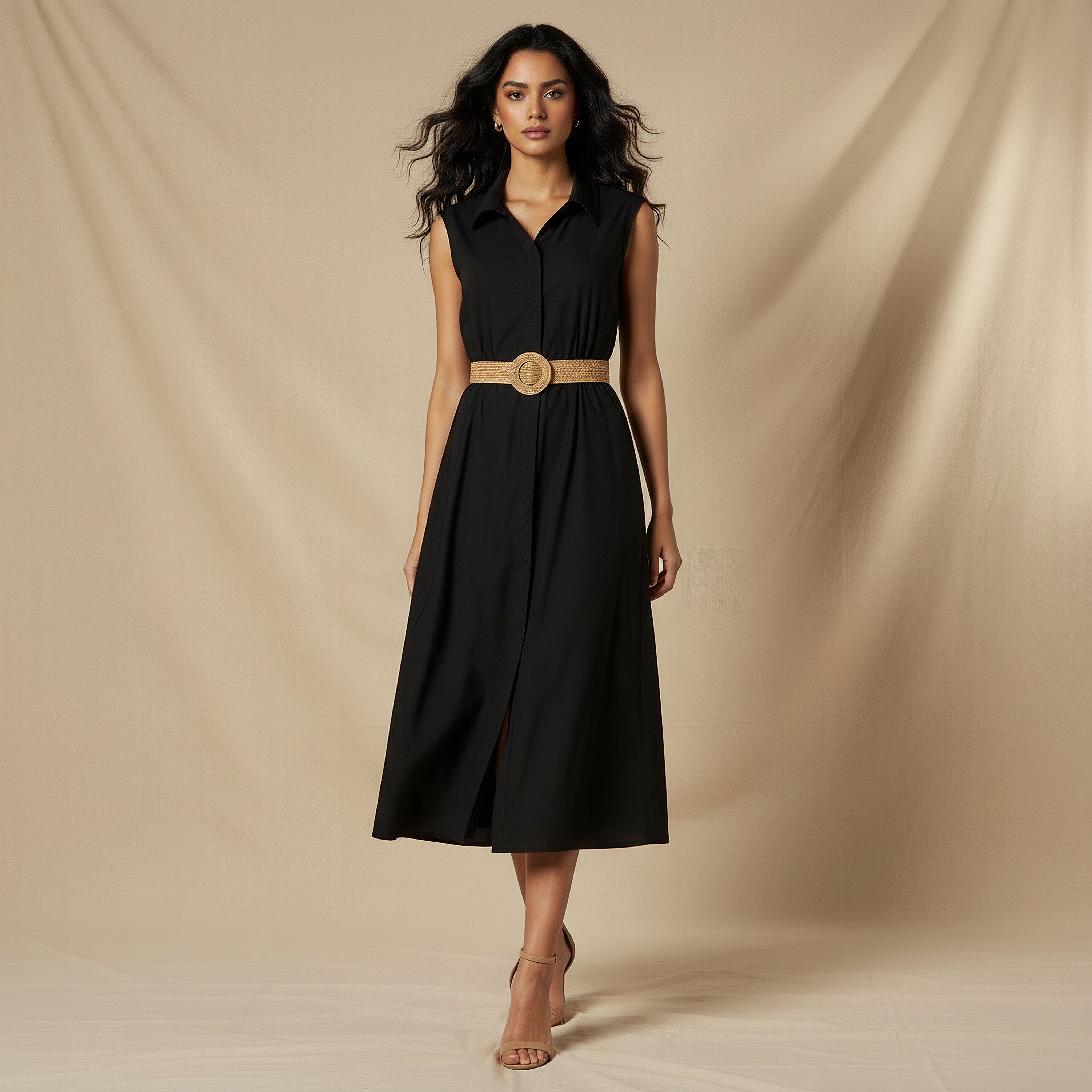 Shirt Midi Length Cotton Dress with Belt-women-clothing-dresses-image-1
