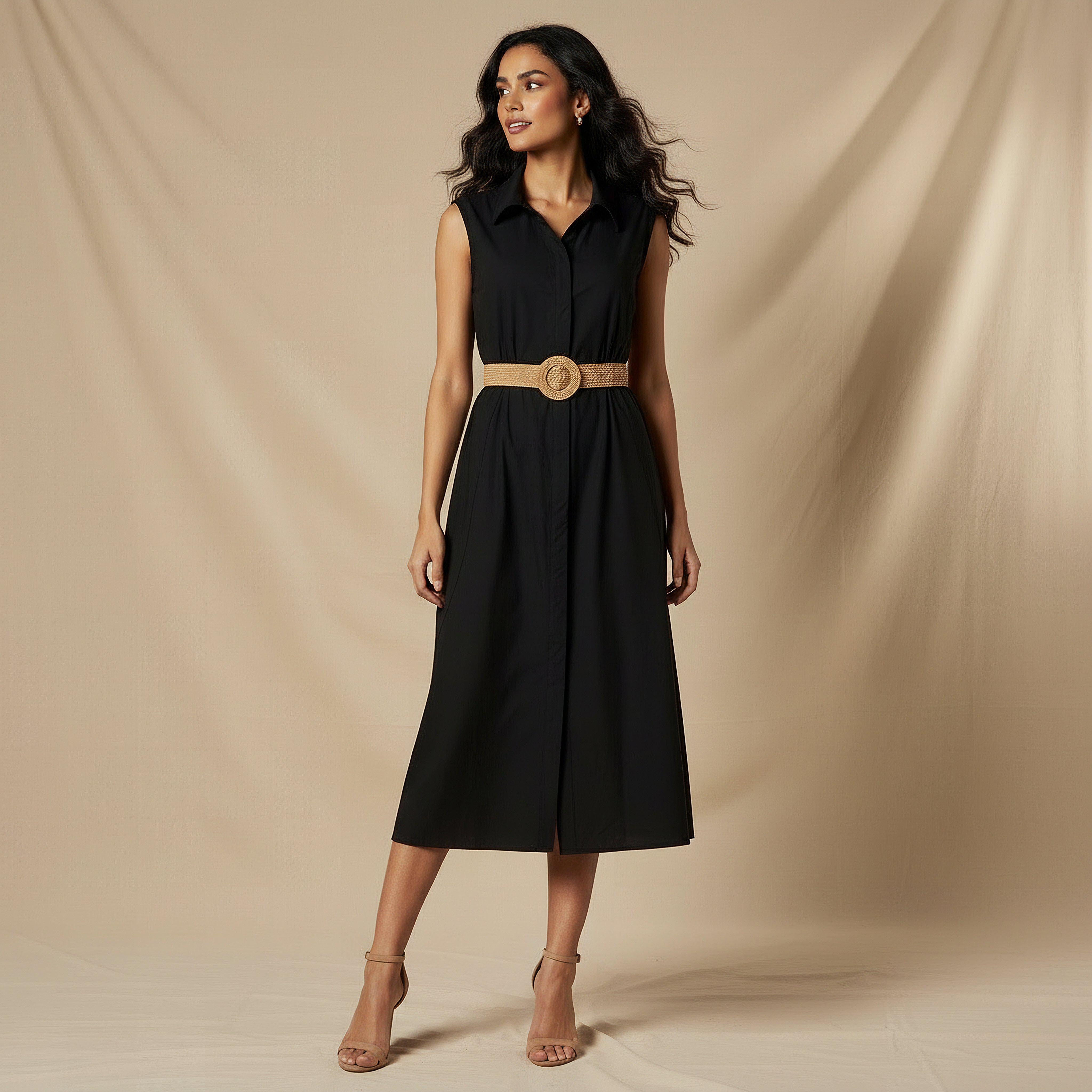 Shirt Midi Length Cotton Dress with Belt-women-clothing-dresses-image-2