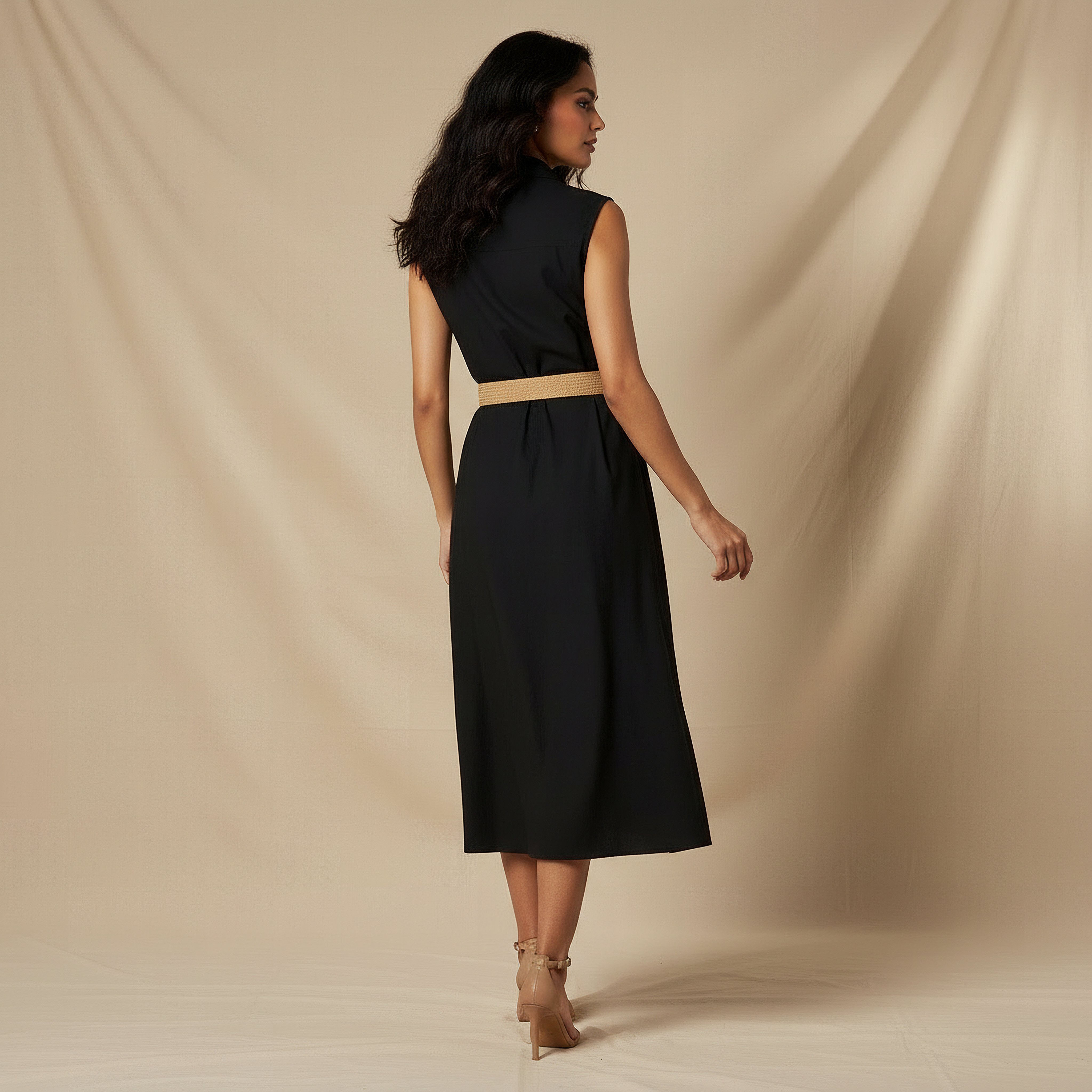 Shirt Midi Length Cotton Dress with Belt-women-clothing-dresses-image-3