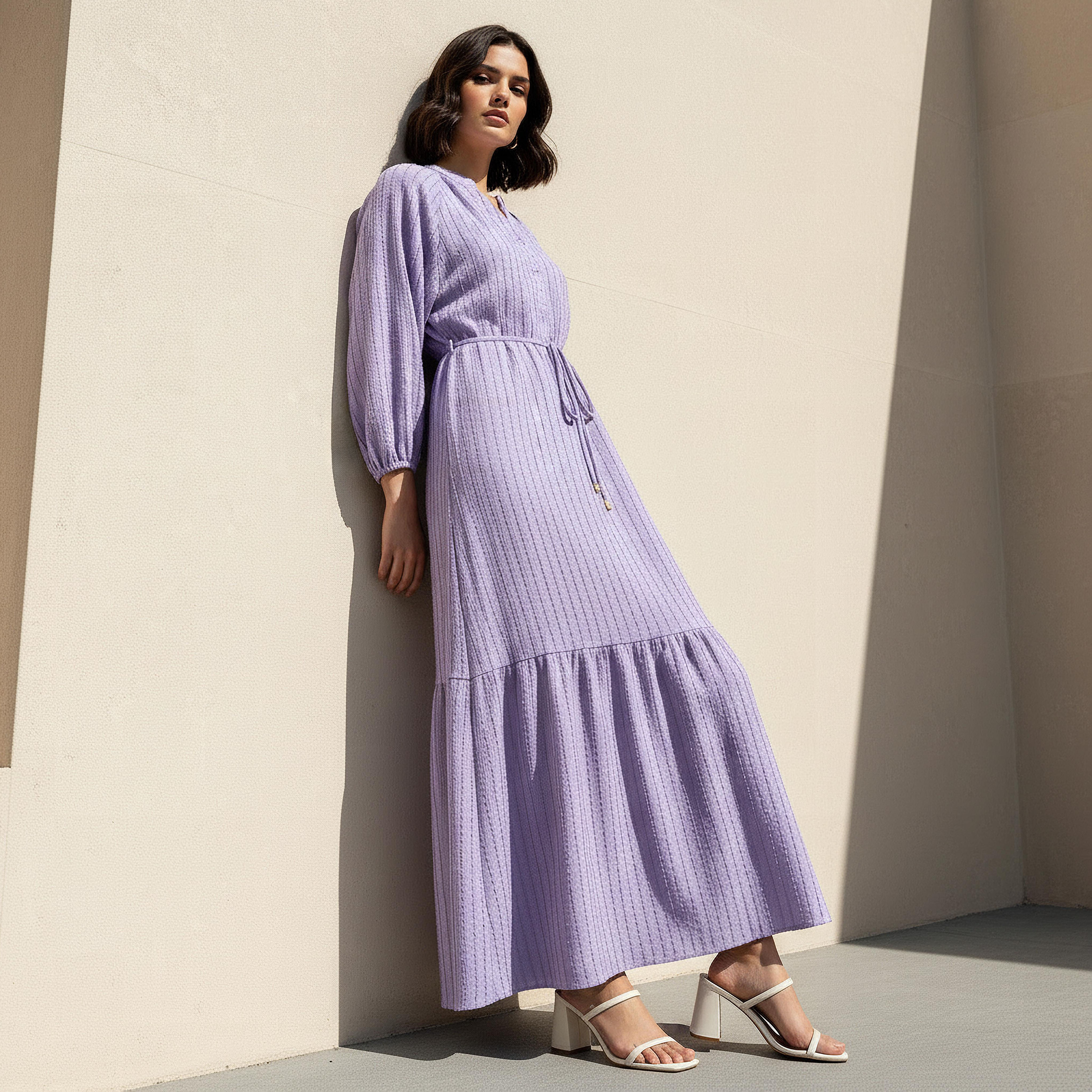 Textured Maxi Women Dress with Tie-Up Detail-women-clothing-dresses-image-1