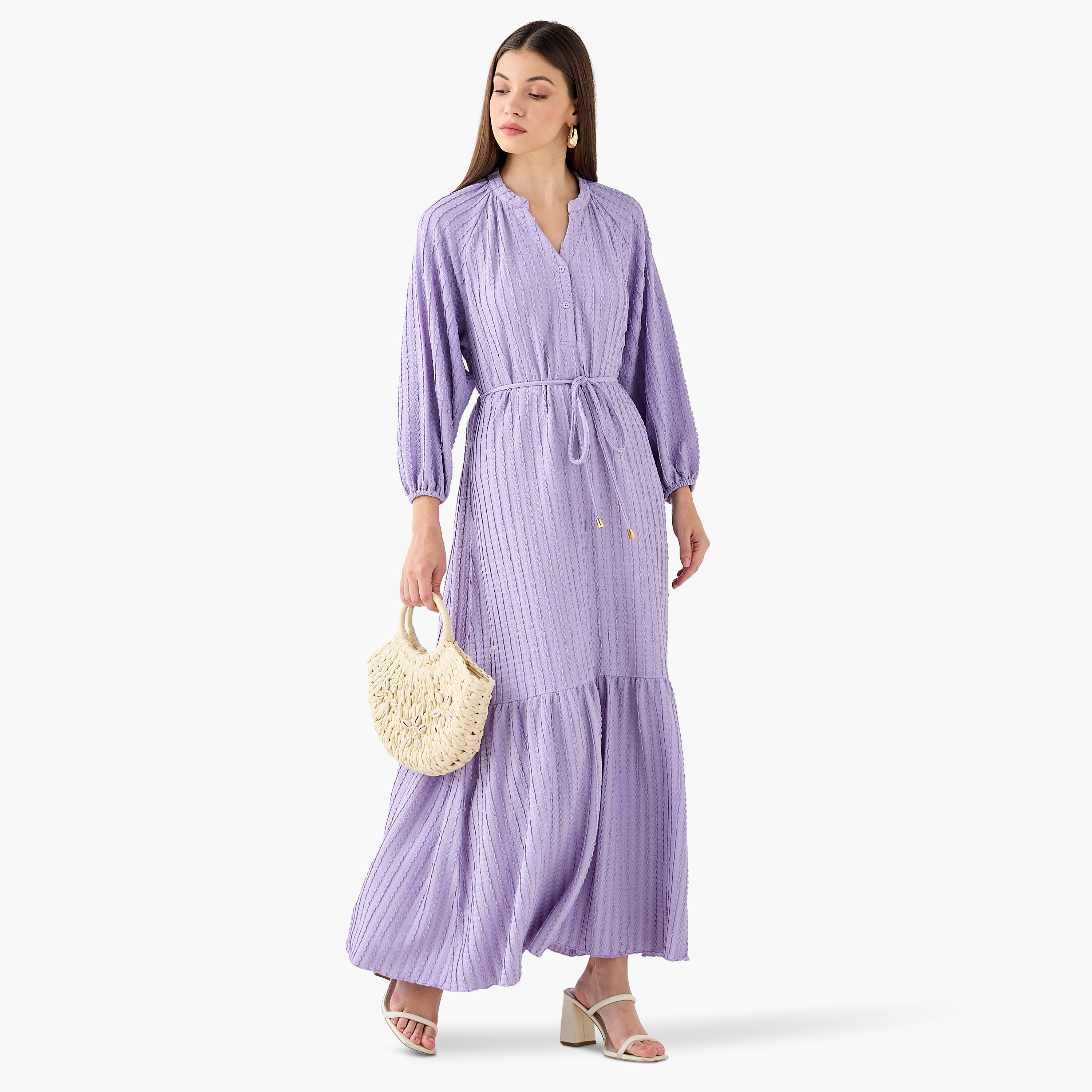 Textured Maxi Women Dress with Tie-Up Detail-women-clothing-dresses-image-4