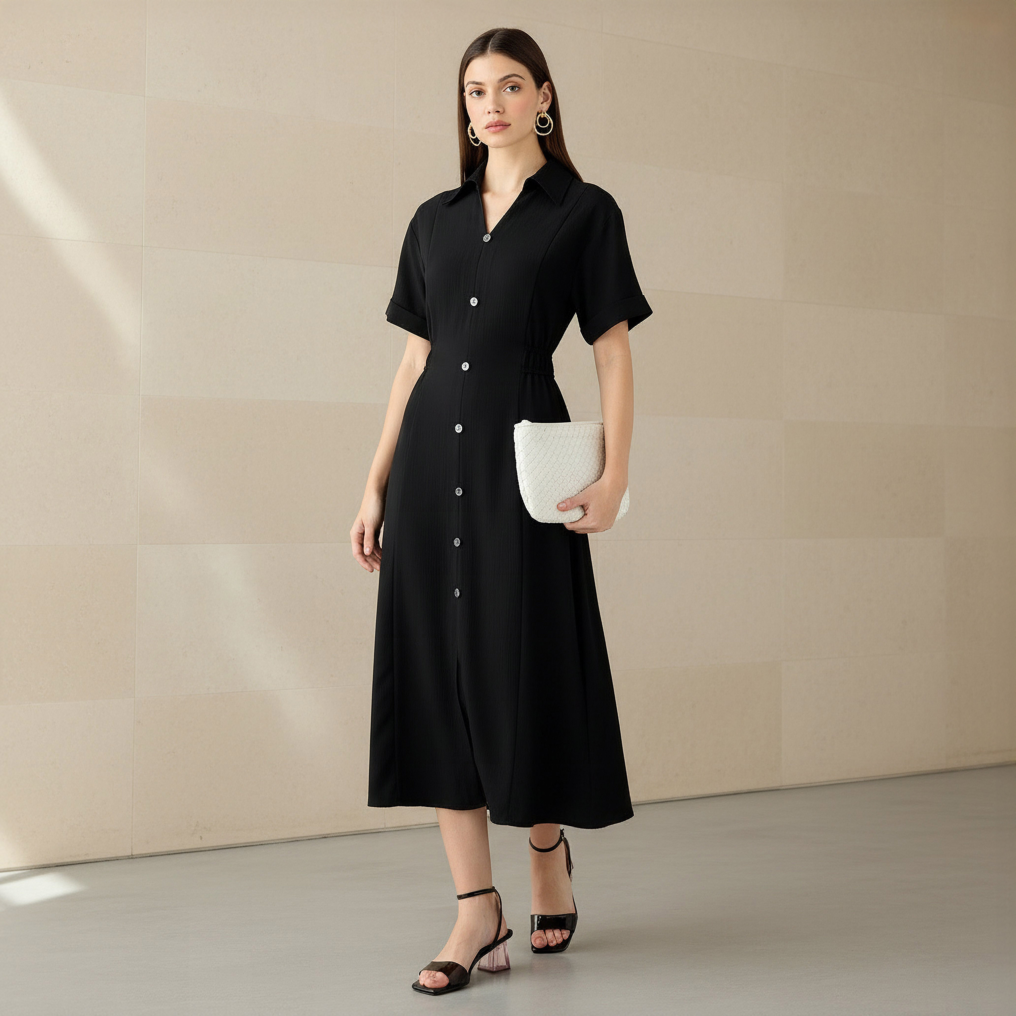Shirt Style Midi Dress with Front Slit-women-clothing-dresses-image-1