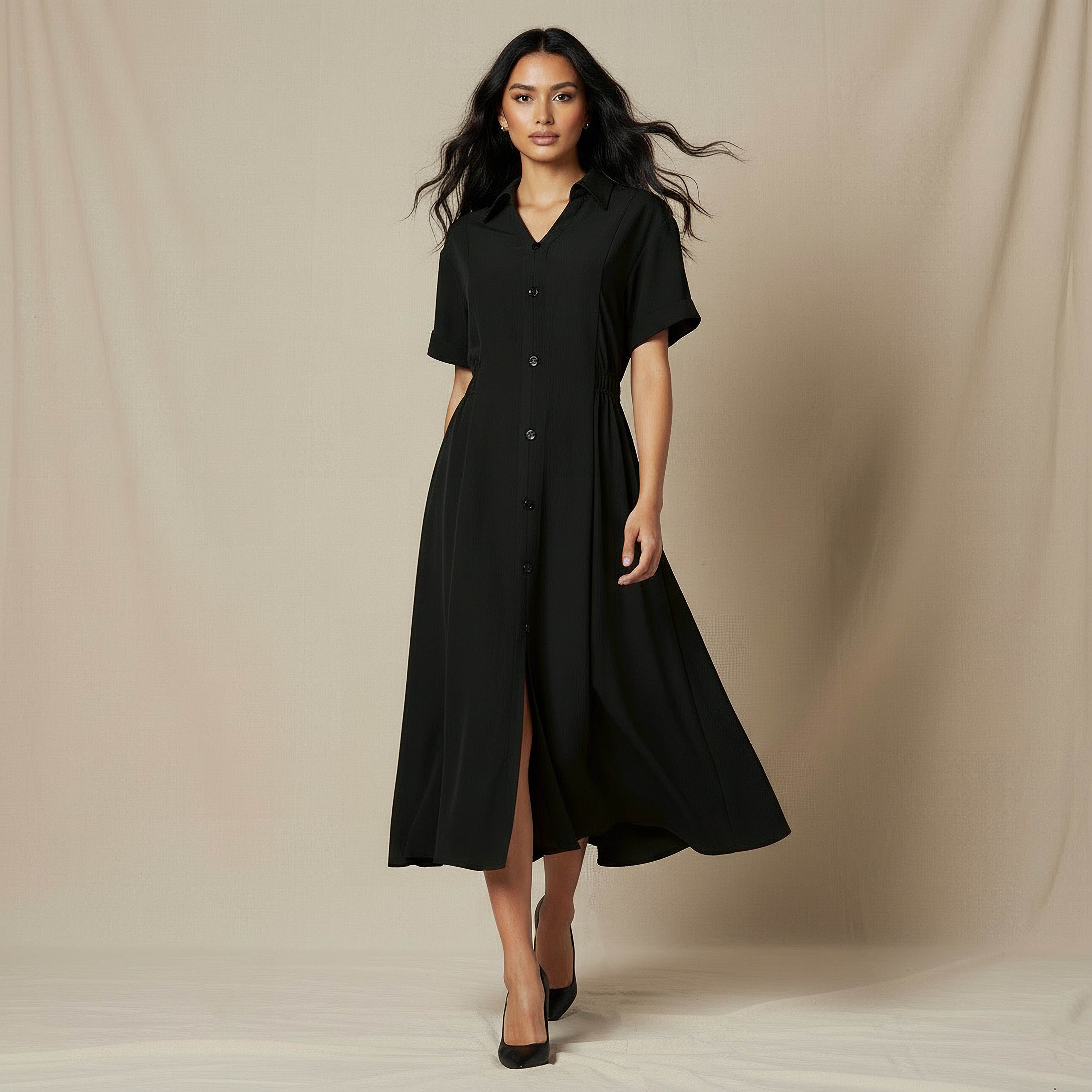 Shirt Style Midi Dress with Front Slit-women-clothing-dresses-image-2