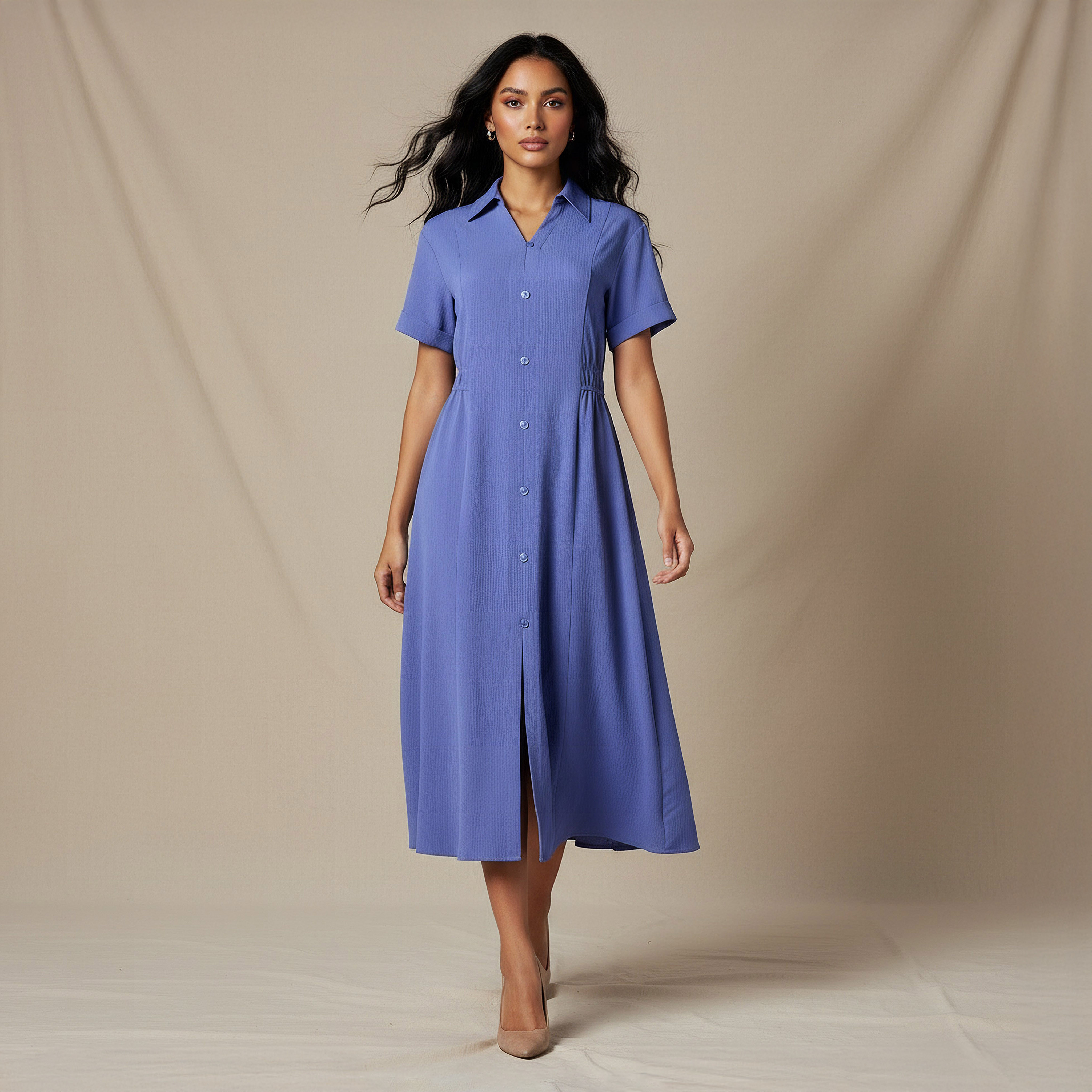 Shirt Style Midi Dress with Front Slit-women-clothing-dresses-image-1