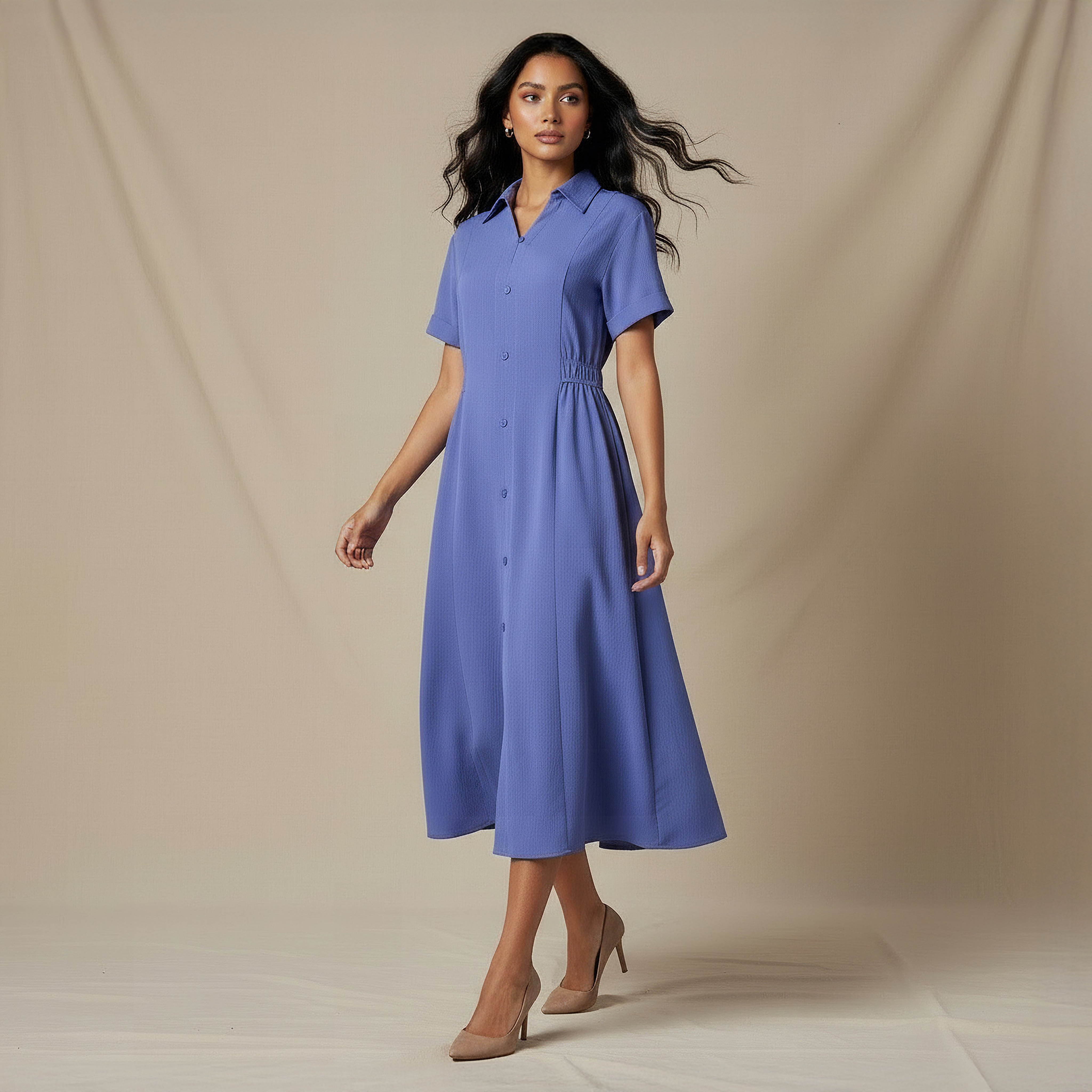 Shirt Style Midi Dress with Front Slit-women-clothing-dresses-image-2