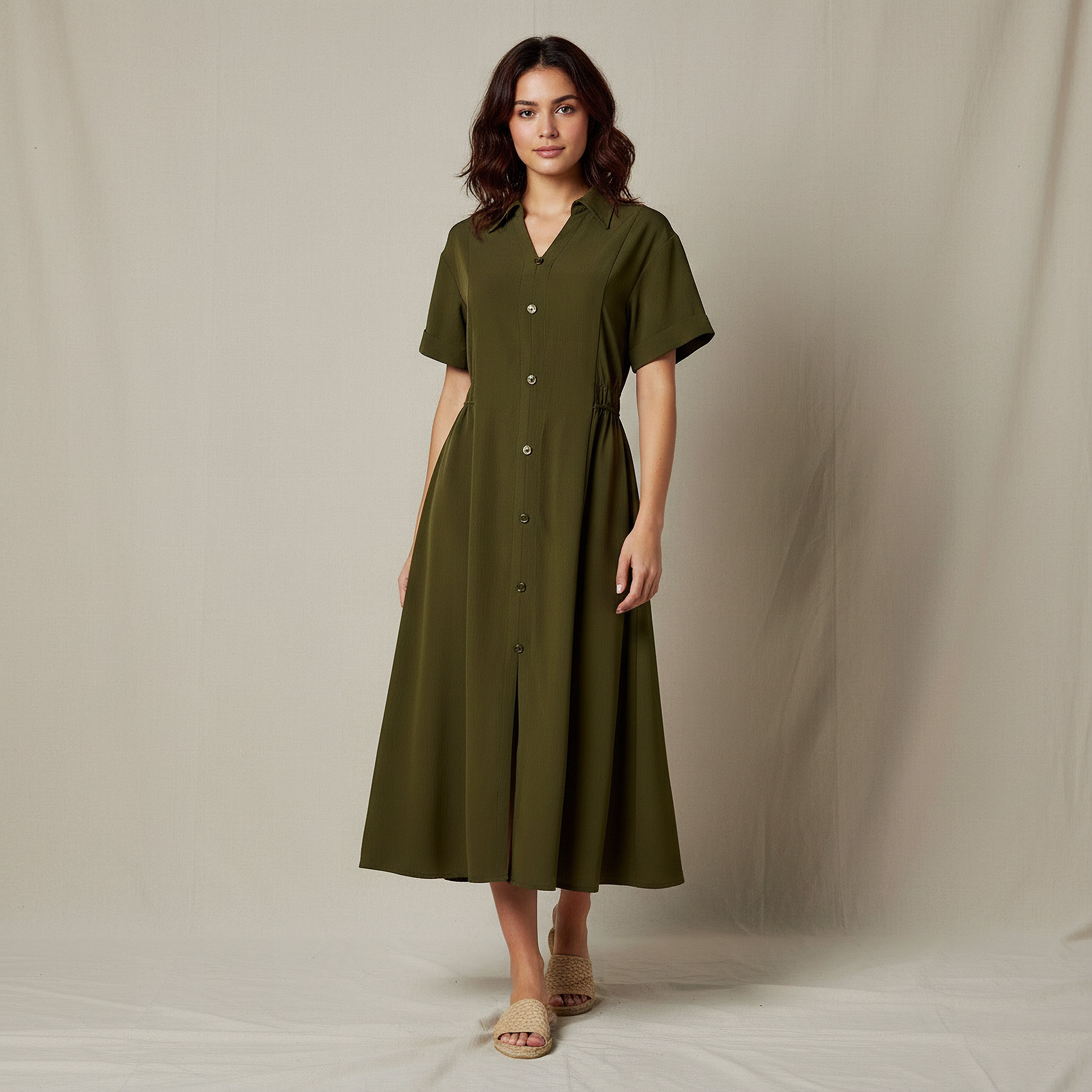 Shirt Style Midi Dress with Front Slit-women-clothing-dresses-image-1