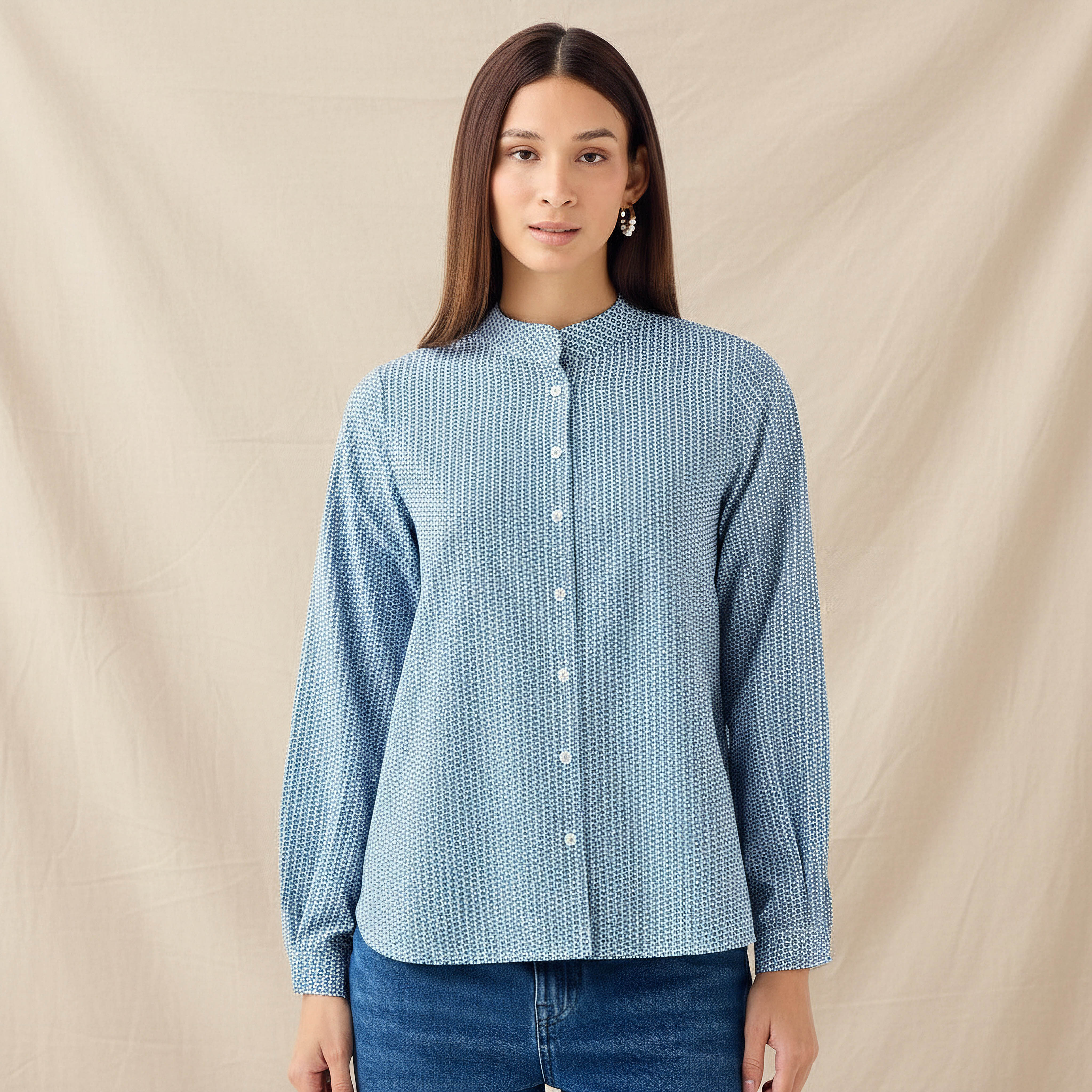 Regular Fit Printed Shirt with Mandarin Collar-women-clothing-shirtsandblouses-shirts-image-1