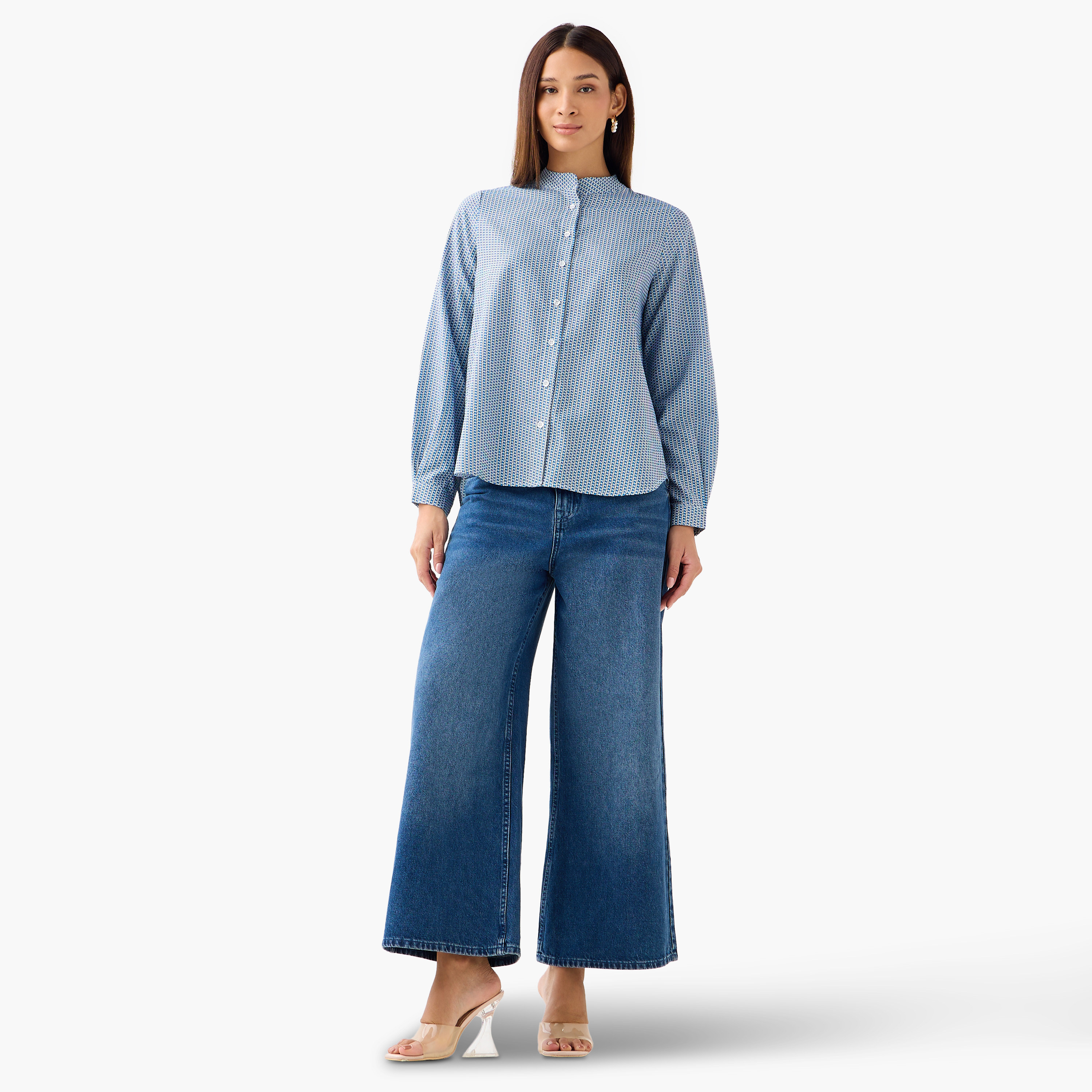 Regular Fit Printed Shirt with Mandarin Collar-women-clothing-shirtsandblouses-shirts-image-3