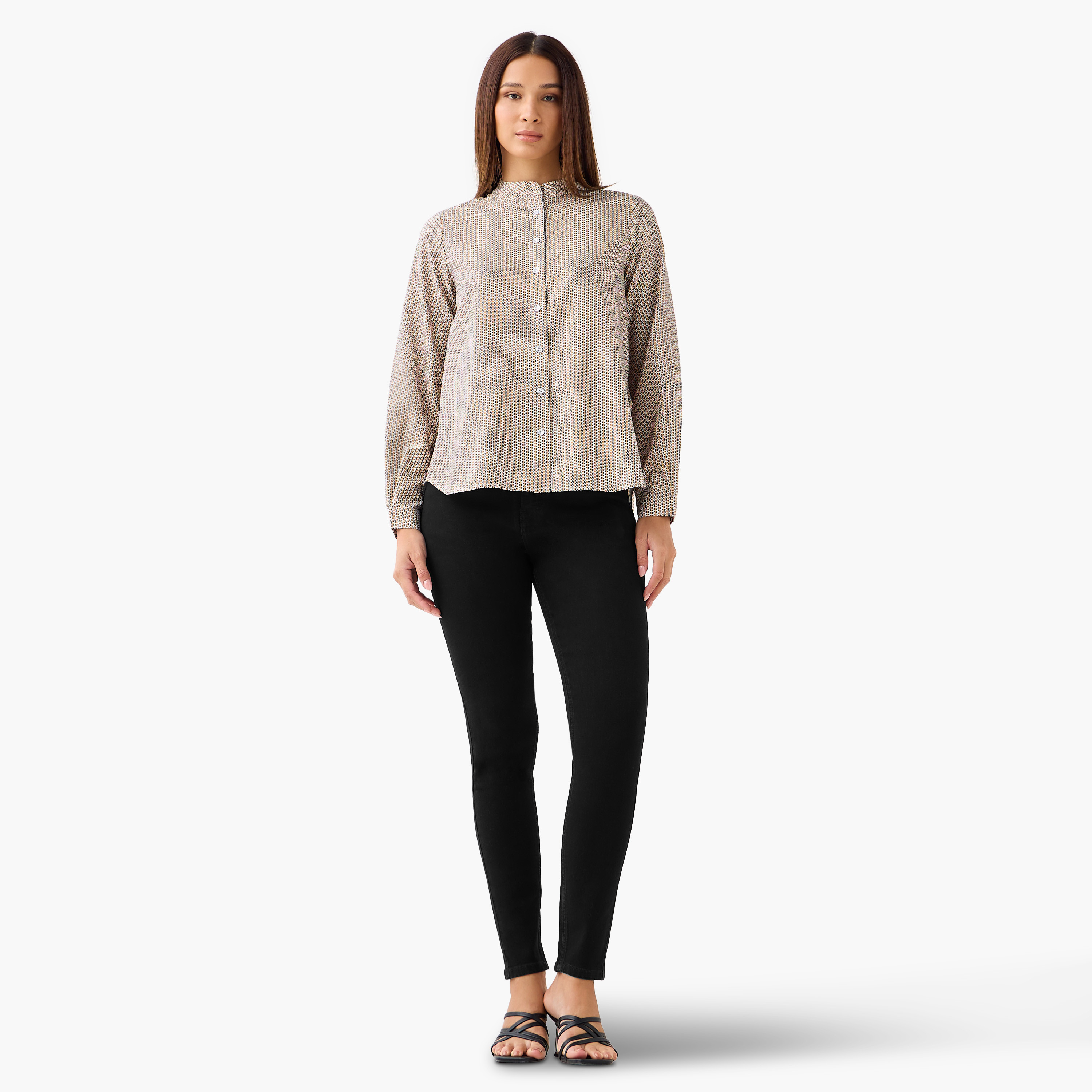 Regular Fit Printed Shirt with Mandarin Collar-women-clothing-shirtsandblouses-shirts-image-3