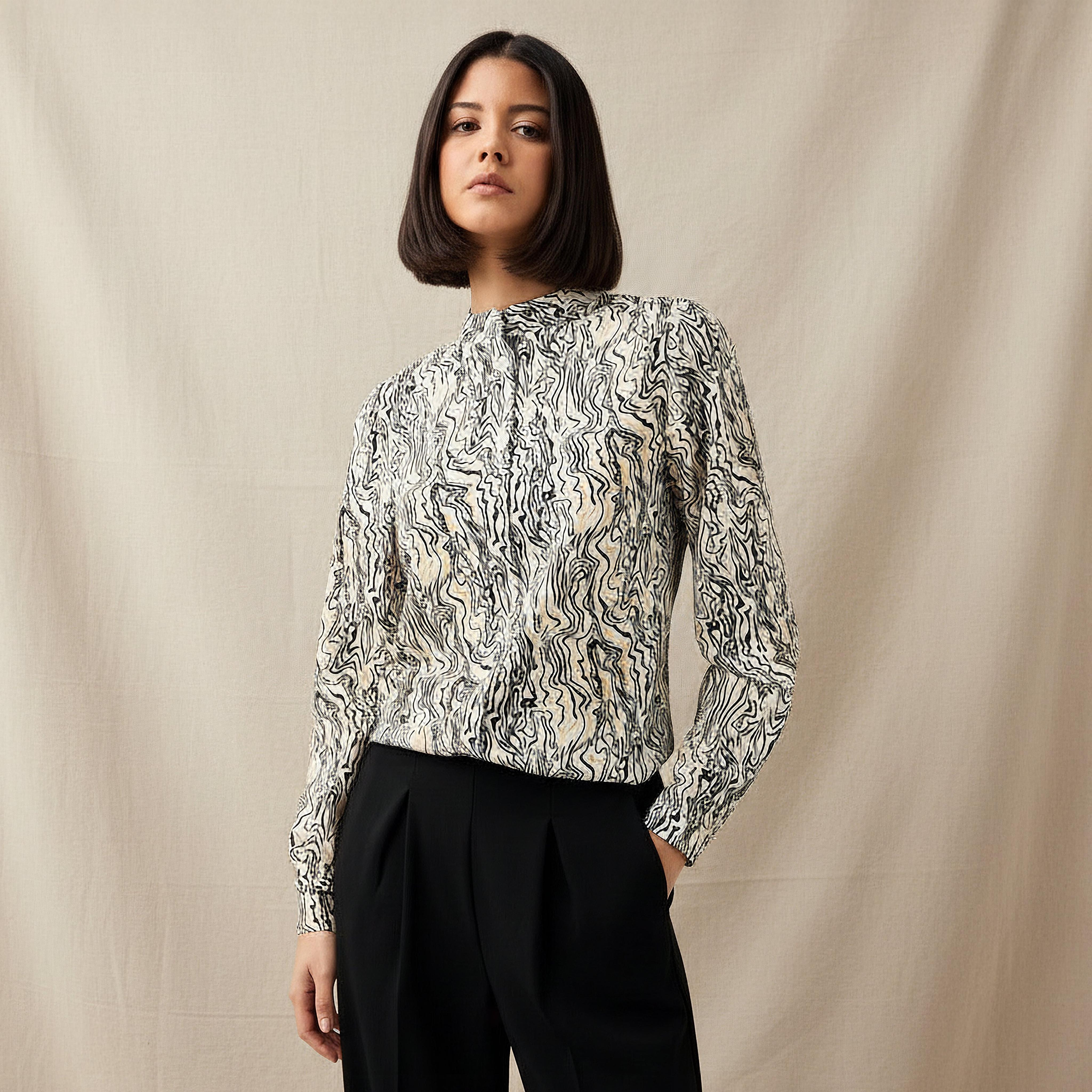 Regular Fit Printed Shirt with Mandarin Collar-women-clothing-shirtsandblouses-shirts-image-1