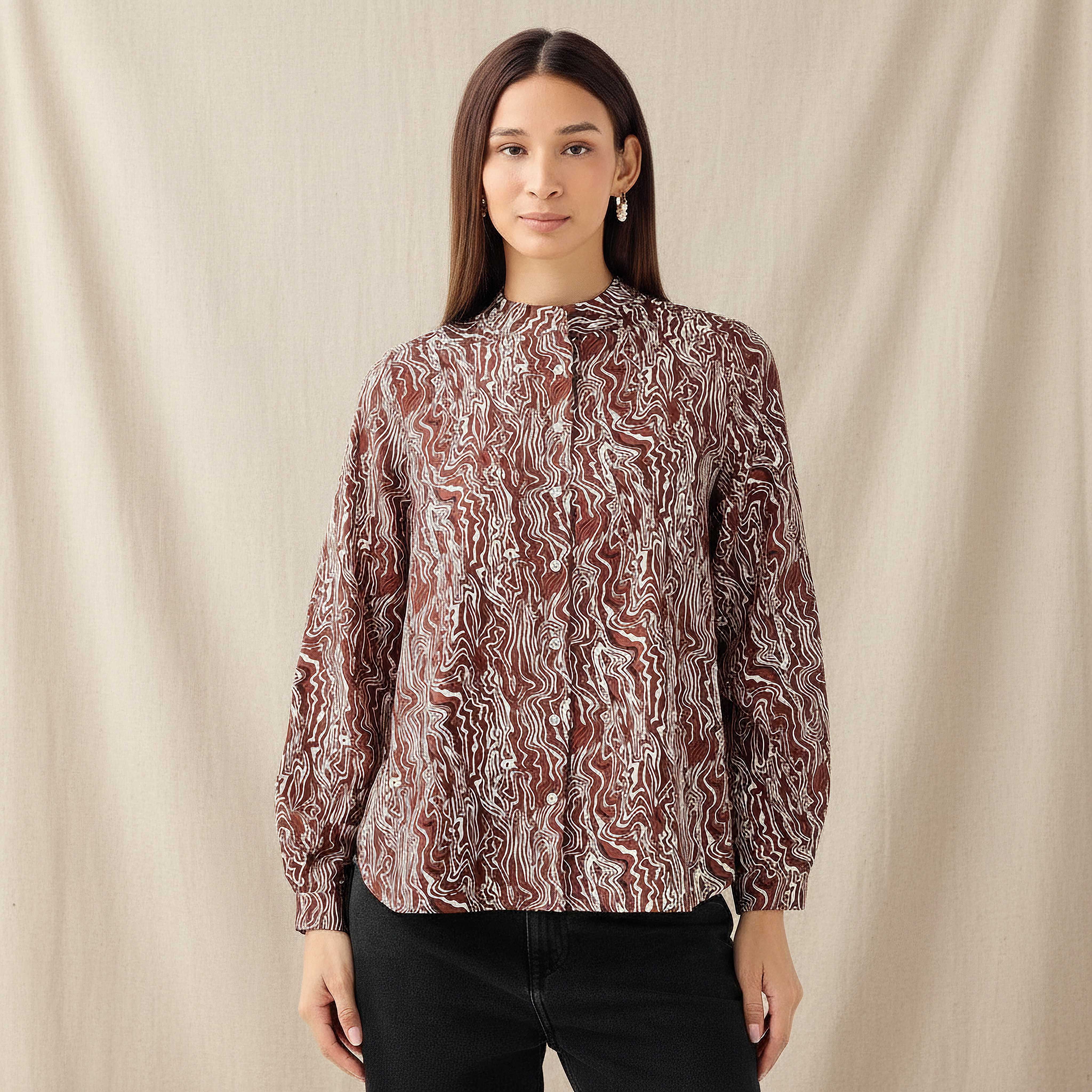 Regular Fit Printed Shirt with Mandarin Collar-women-clothing-shirtsandblouses-shirts-image-1