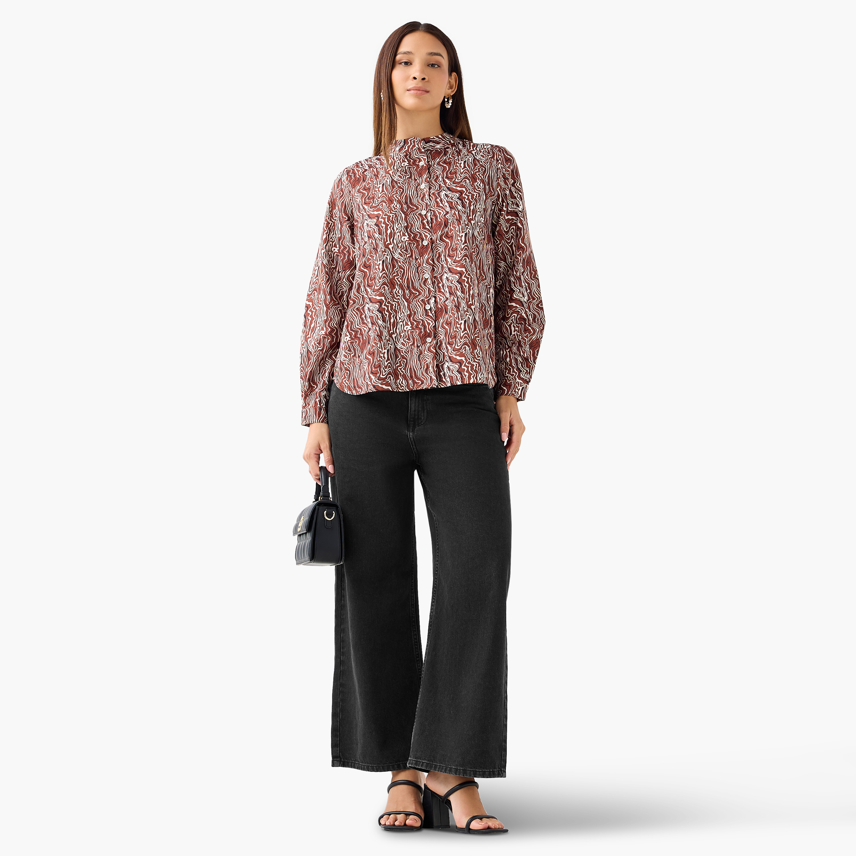 Regular Fit Printed Shirt with Mandarin Collar-women-clothing-shirtsandblouses-shirts-image-3