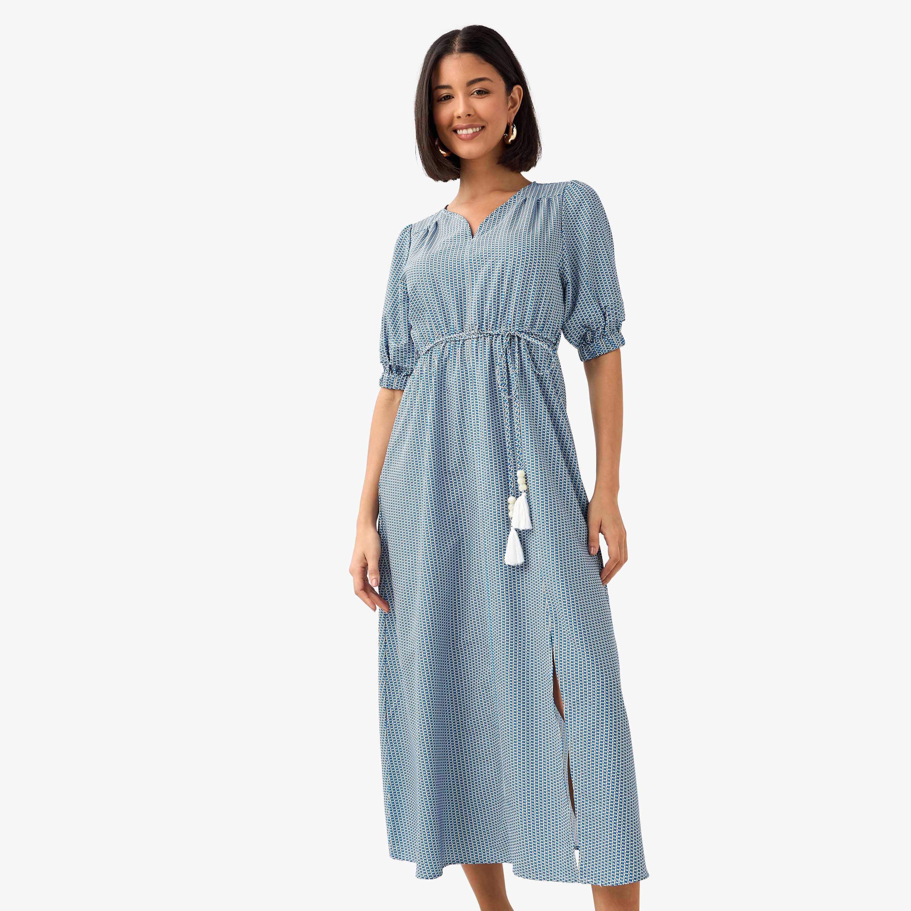 Geometric Print Women Dress with Belt-women-clothing-dresses-image-2