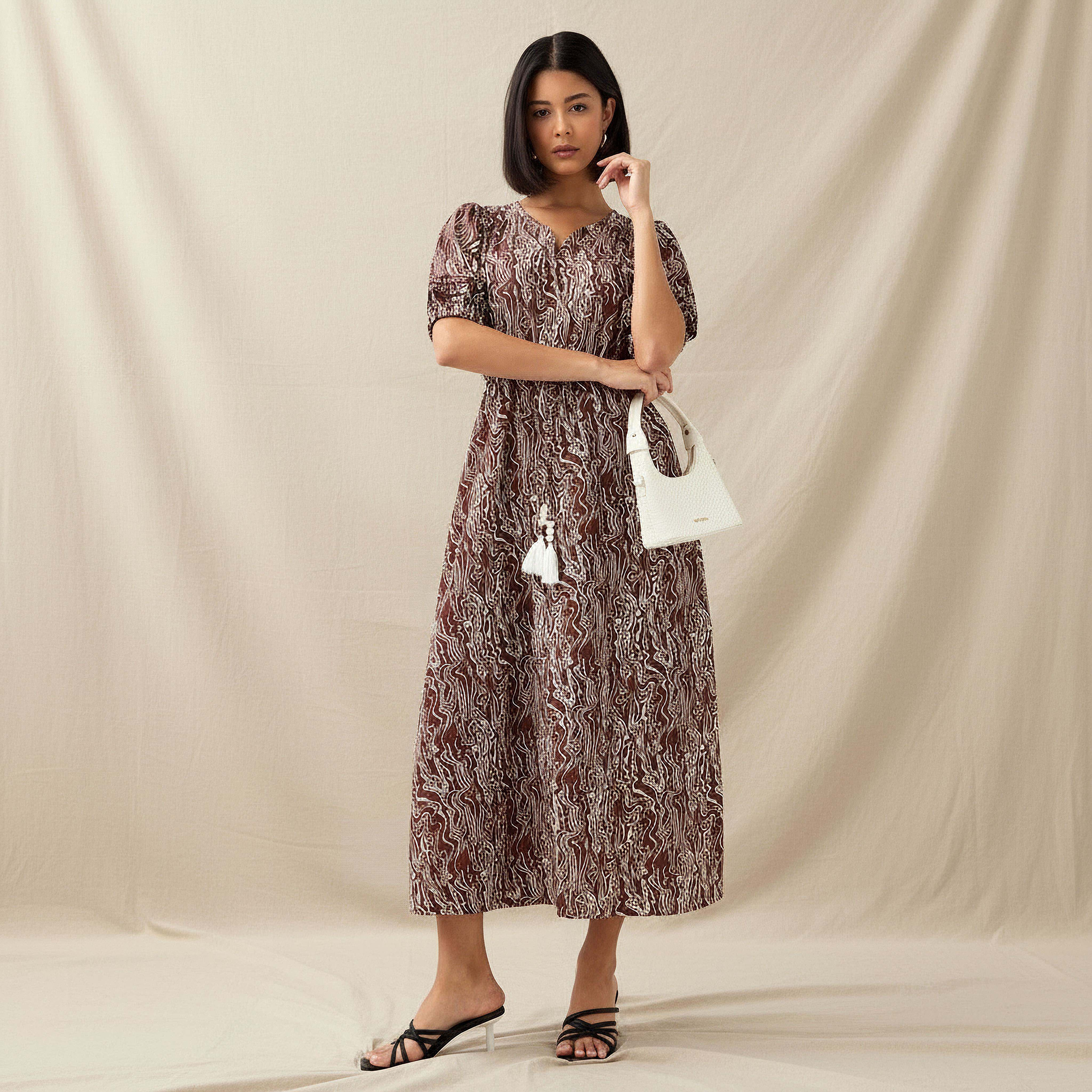 Abstract Print Women Dress with Belt-women-clothing-dresses-image-1