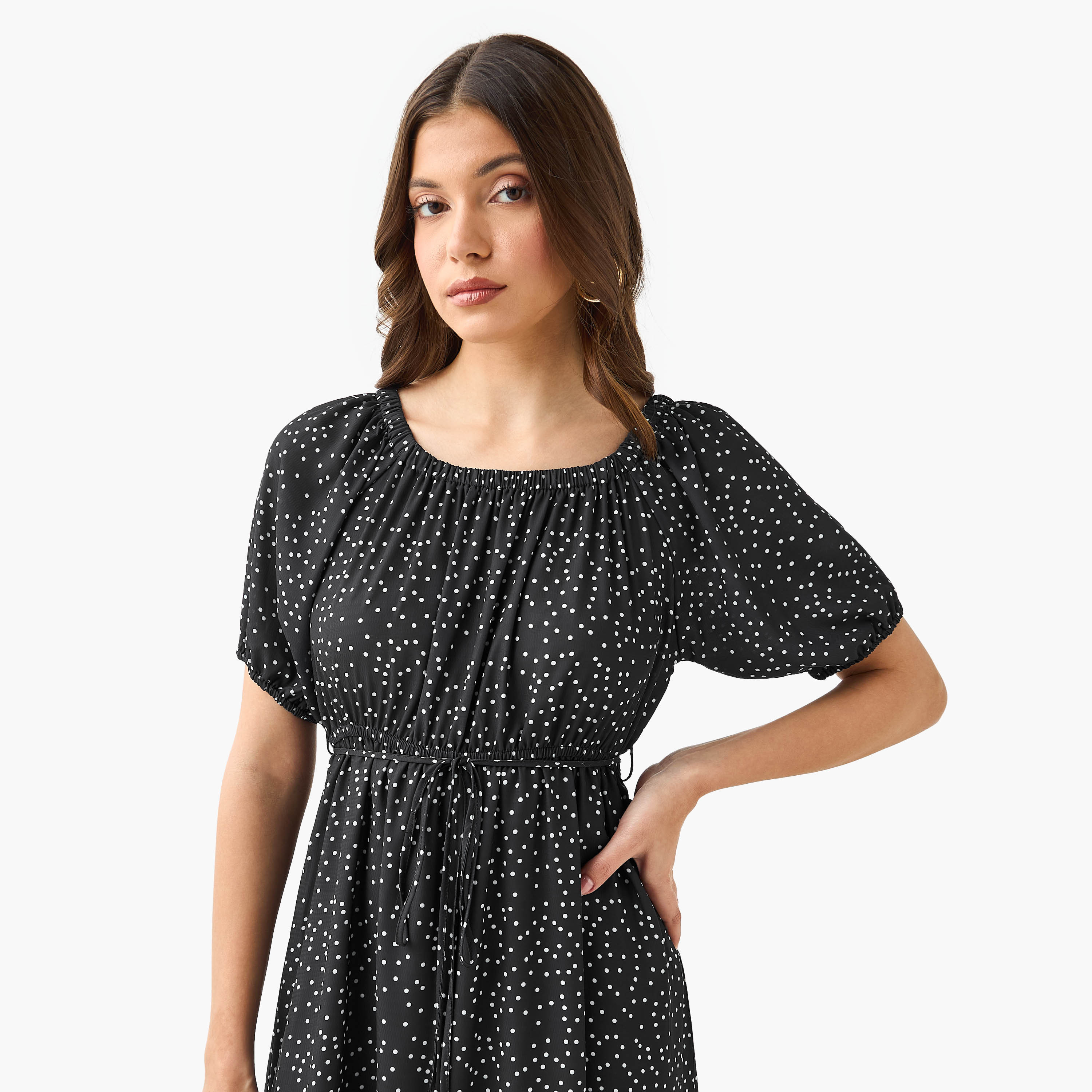 Polka Dot Print Off Shoulder Women Dress with Tie-Ups-women-clothing-dresses-image-5