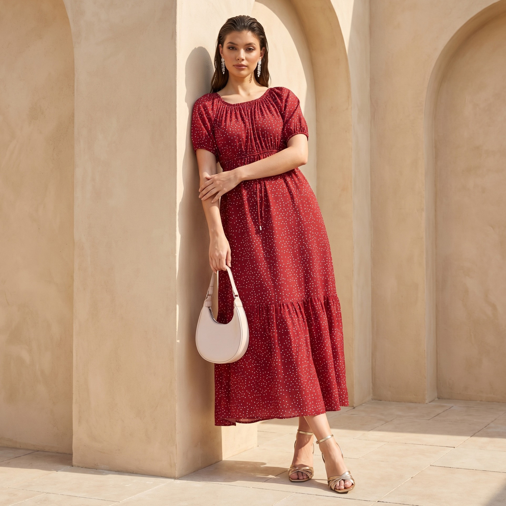 Polka Dot Print Off Shoulder Women Dress with Tie-Ups-women-clothing-dresses-image-1
