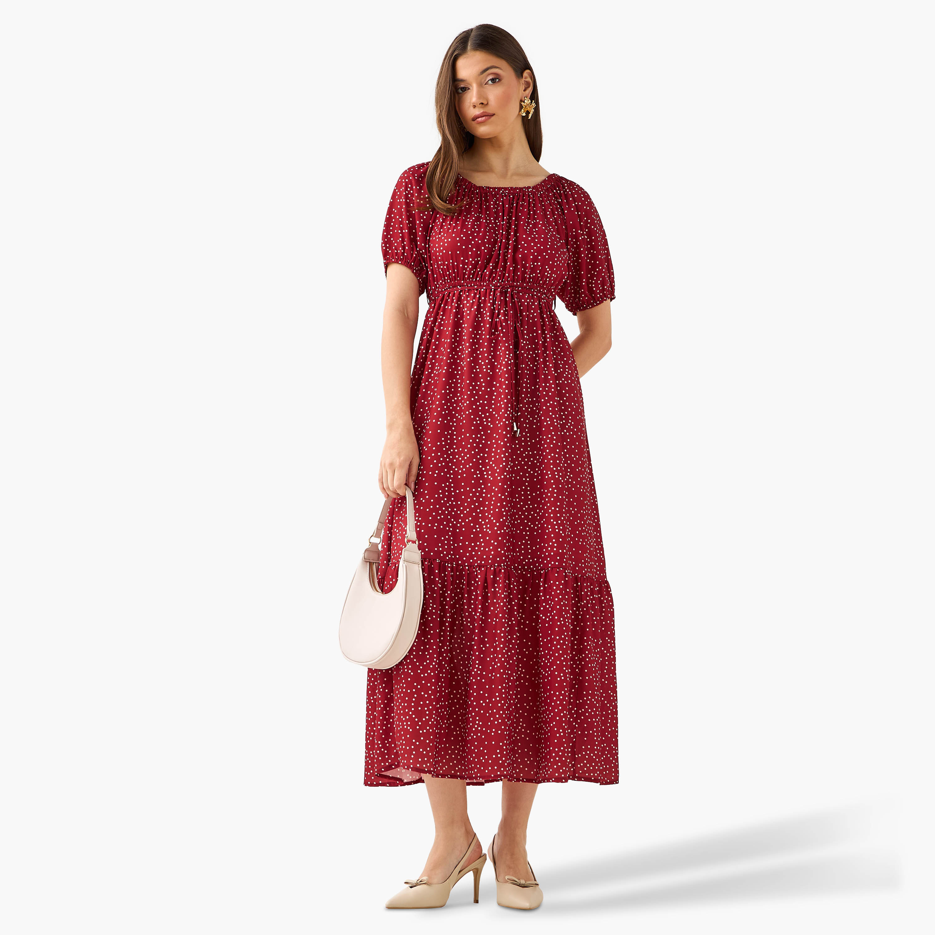 Polka Dot Print Off Shoulder Women Dress with Tie-Ups-women-clothing-dresses-image-2